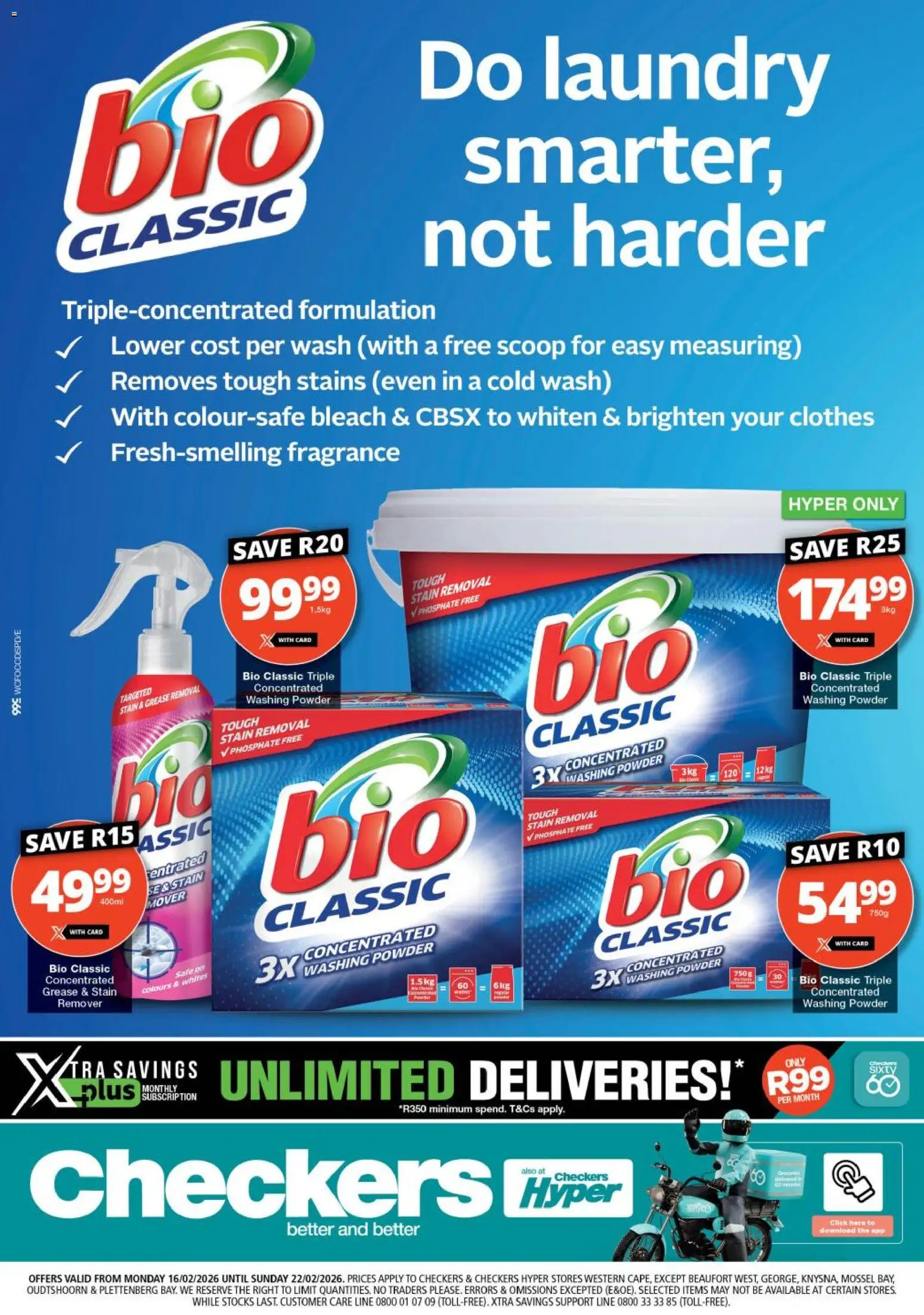 New Checkers catalogue – valid from 16.02.2026 | Page: 1 | Products: Bleach, Fragrance, Powder, Washing powder