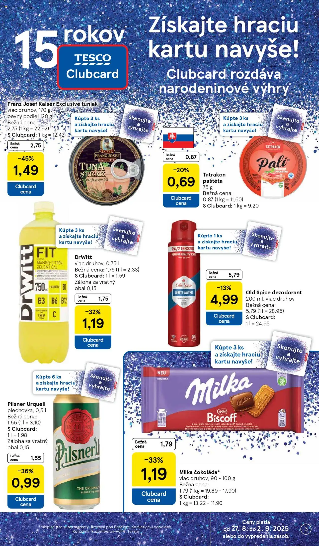 Tesco Supermarket - leták │ platný od 27.08.2025 | Strana: 3 | Produkty: Čaj, Dezodorant, Milka, Steak
