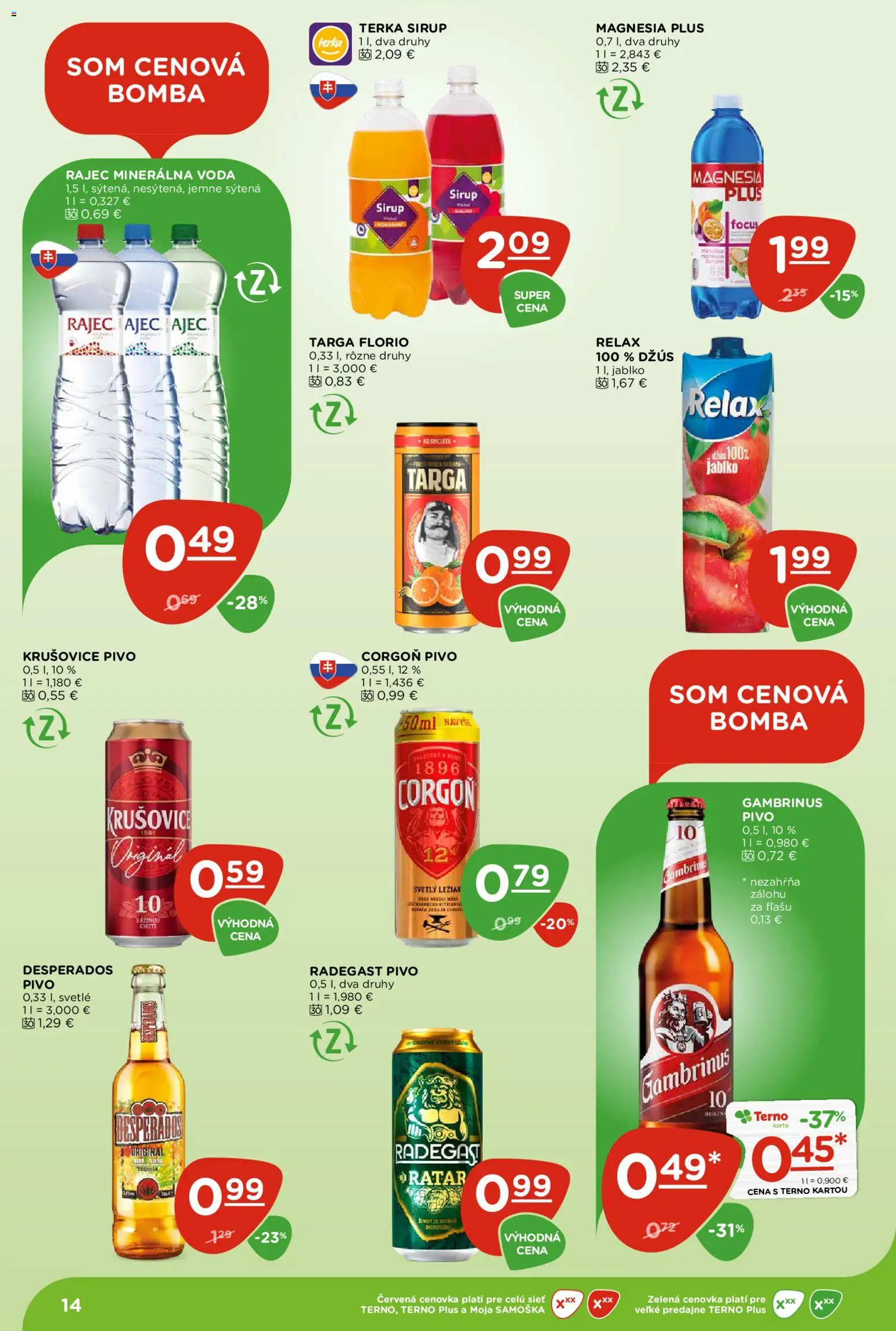 Nové Terno akcie – leták je platný od 23.04.2026 | Strana: 14 | Produkty: Džús, Magnesia, Corgoň, Minerálna voda