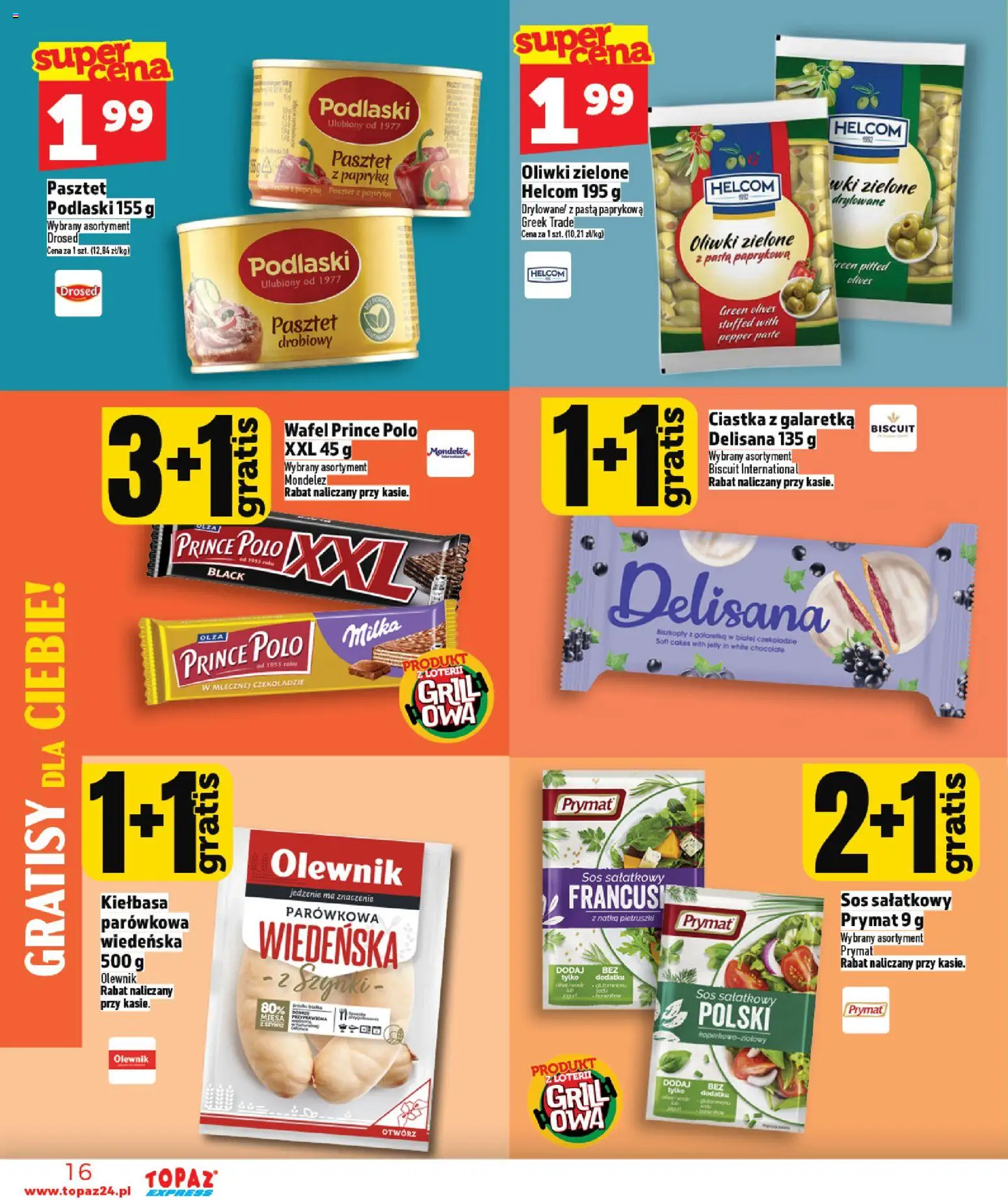 Topaz gazetka - Express od 23.04.2026 | Strona: 16 | Produkty: Kiełbasa, Oliwki zielone, Papryka, Milka