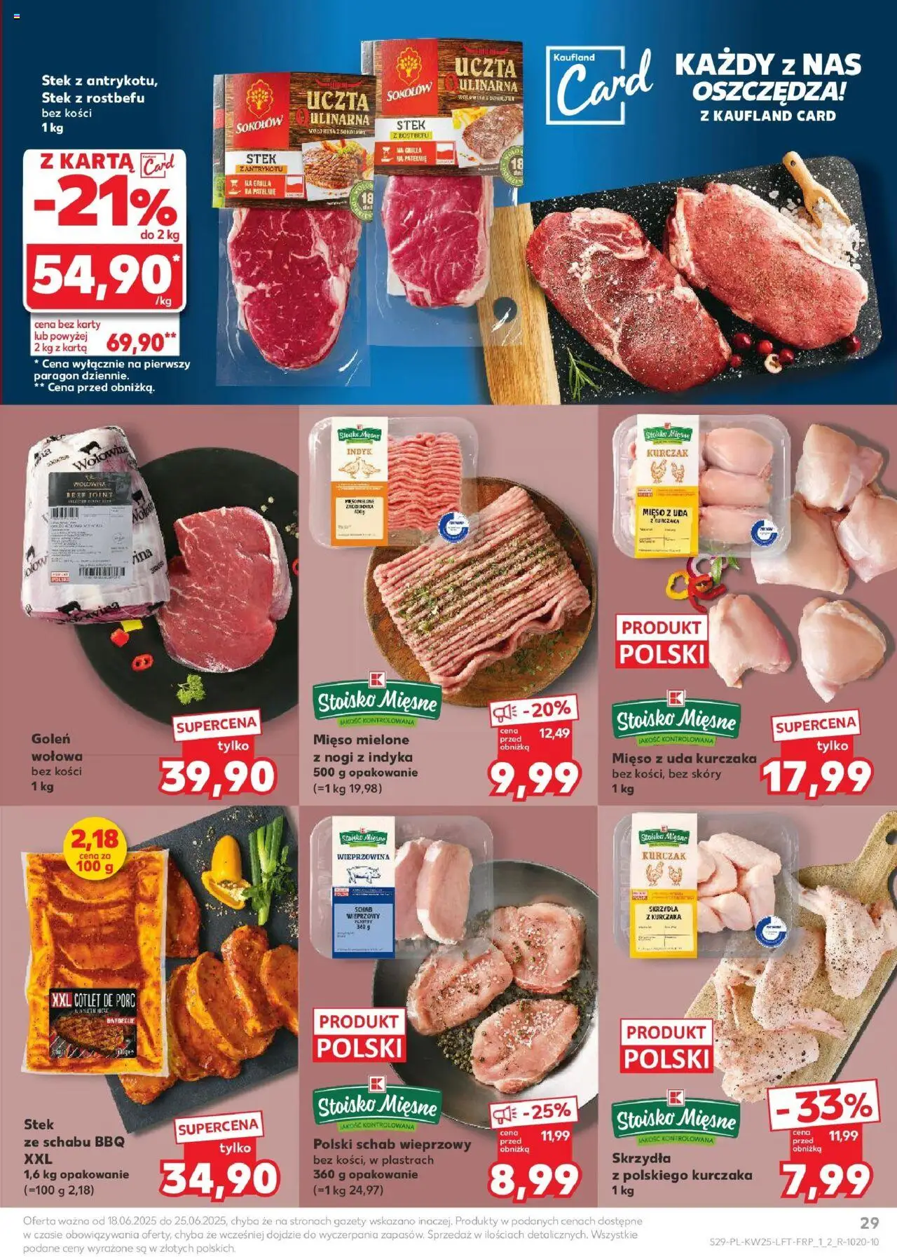 Kaufland gazetka od 18.06.2025 | Strona: 29 | Produkty: Karta, Schab, Mięso z uda kurczaka, Wołowina