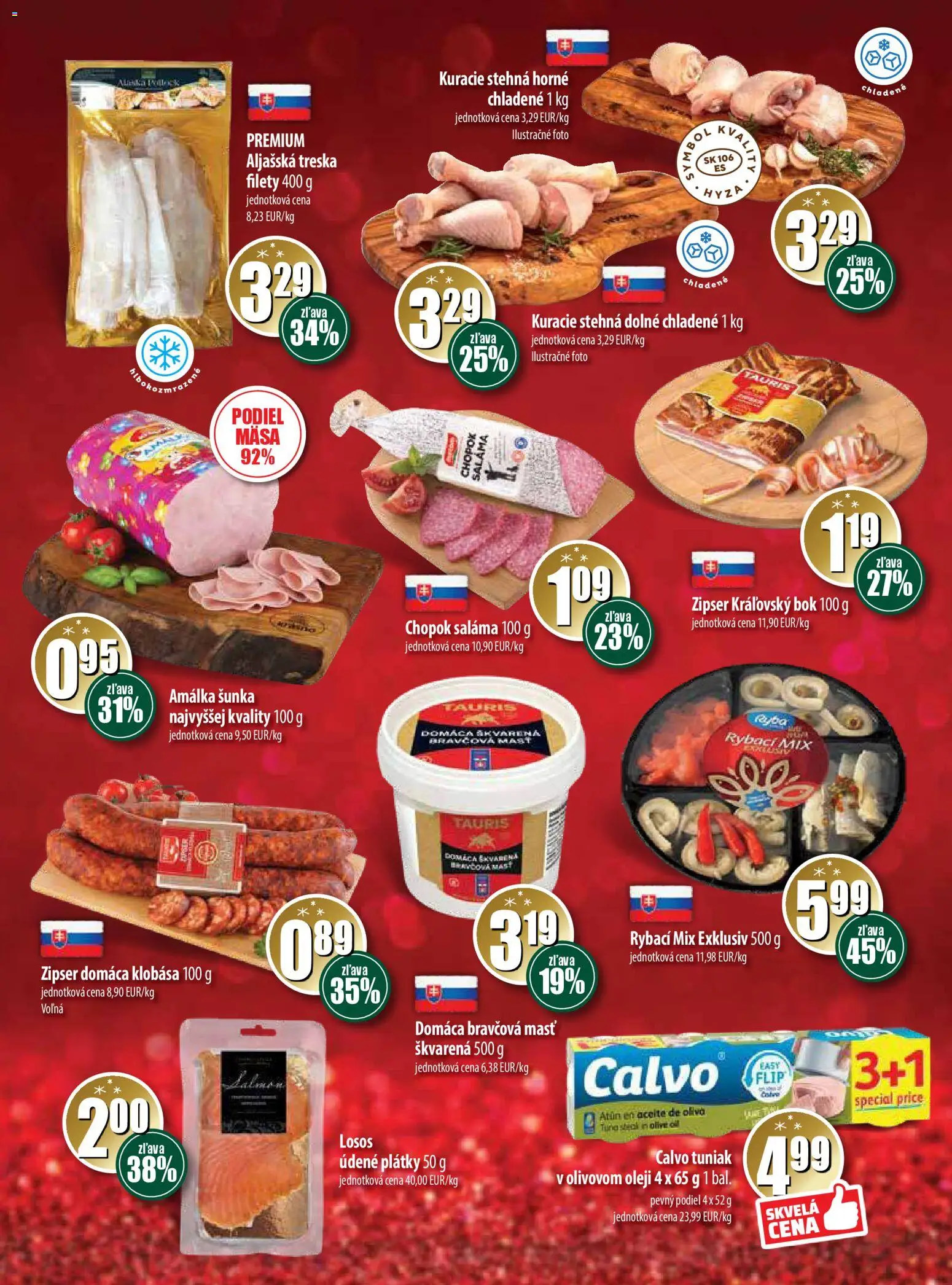 Nové COOP Jednota akcie – leták je platný od 13.11.2025 | Strana: 2 | Produkty: Saláma, Kuracie stehná, Steak, Treska