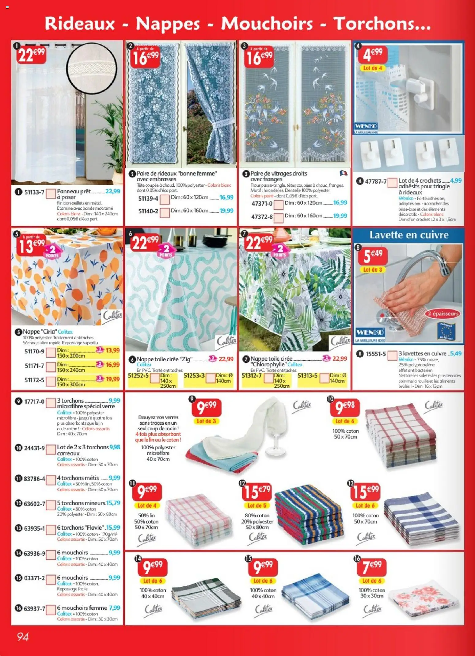 {H1} | Page: 94 | Produits: Coton, Mouchoirs, Nappe