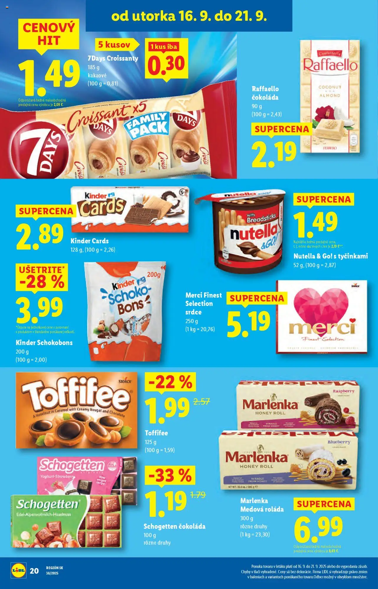 Nové Lidl akcie – leták je platný od 16.09.2025 | Strana: 20 | Produkty: Croissant, Kinder, Čokoláda, Marlenka