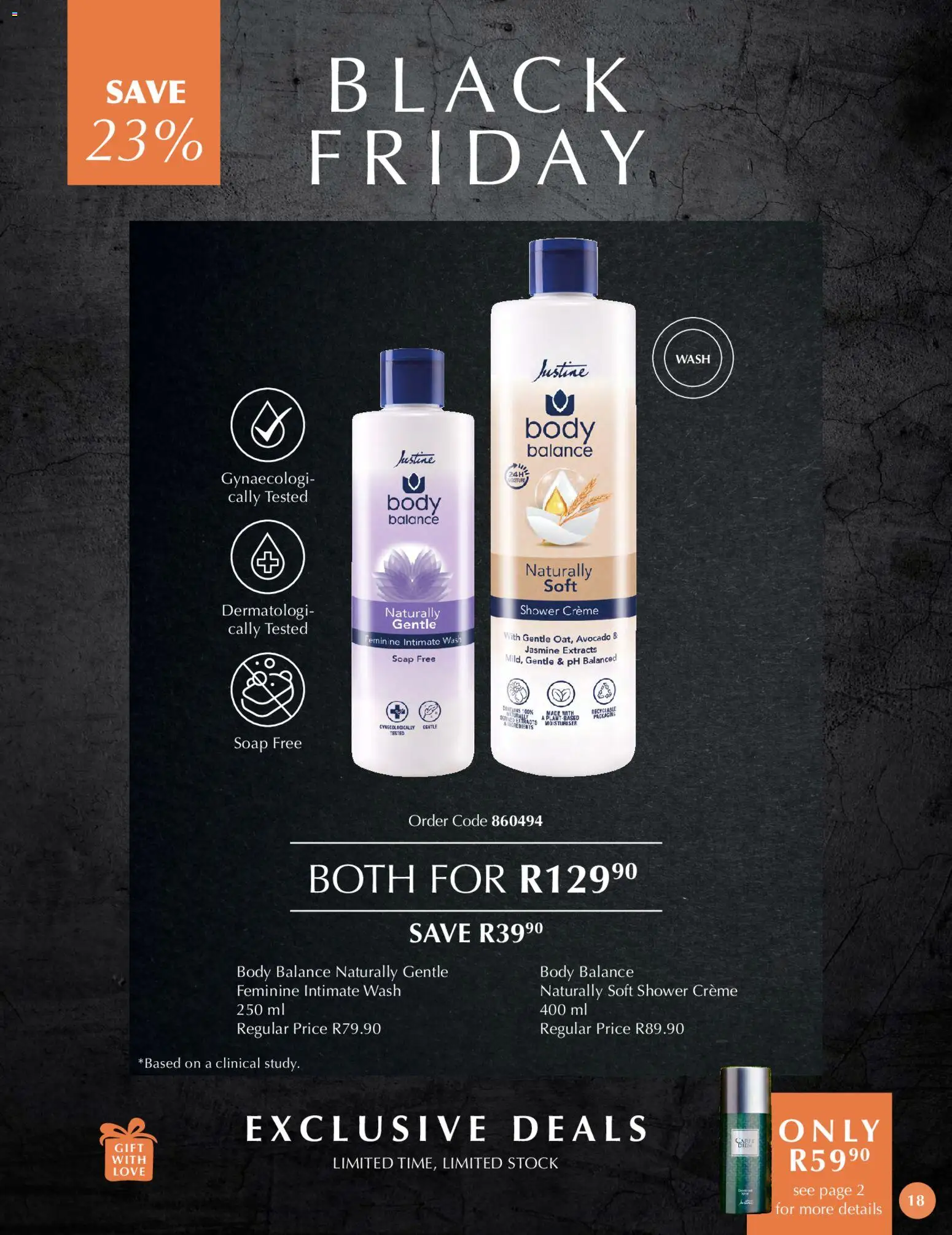 New Justine catalogue – valid from 21.11.2025 | Page: 18 | Products: Intimate wash, Shower, Stock, Soap