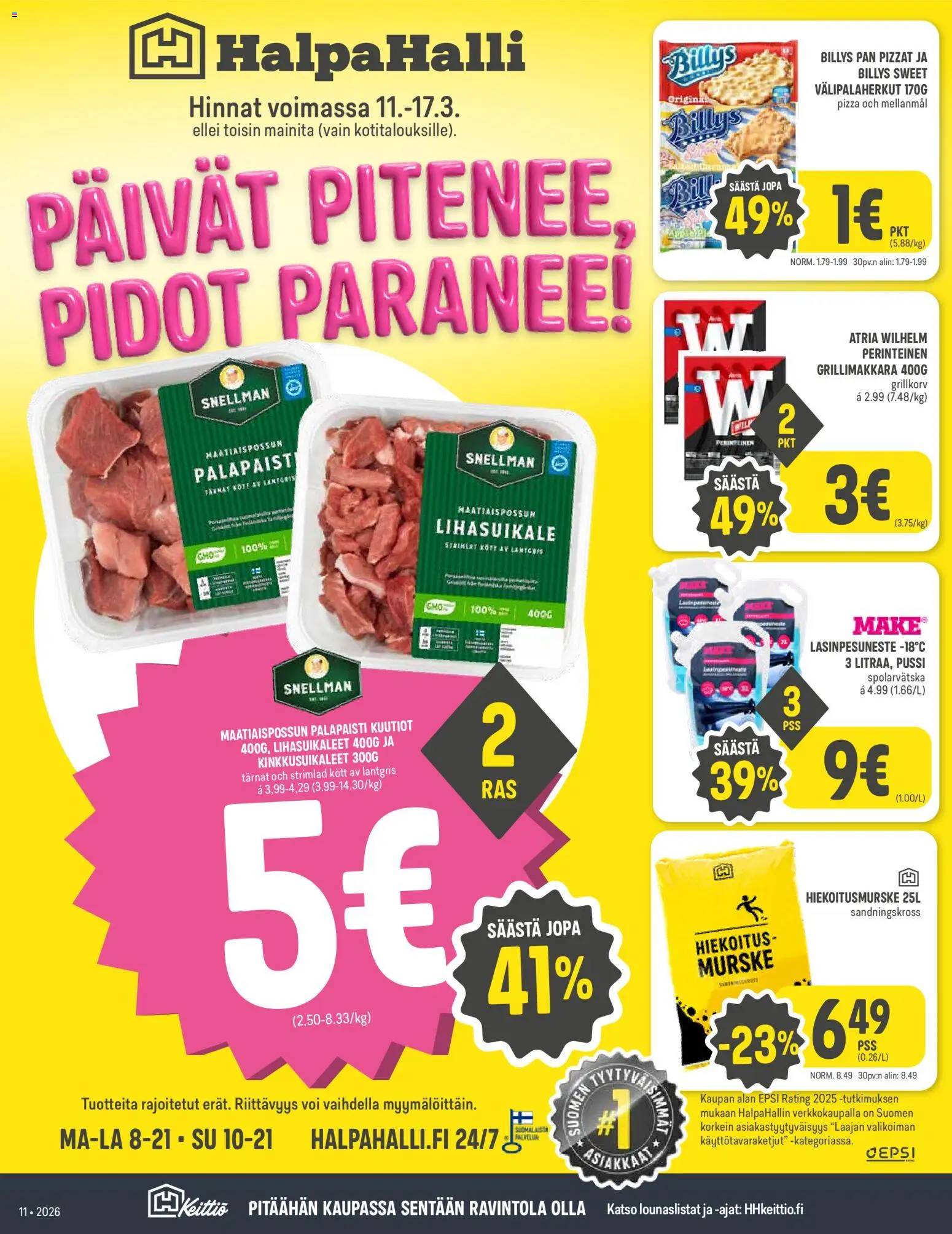 Halpa Halli tarjoukset – voimassa 11.03.2026 alkaen | Sivu: 1 | Tuotteet: Voi, Pizza, Grillimakkara, Lasinpesuneste