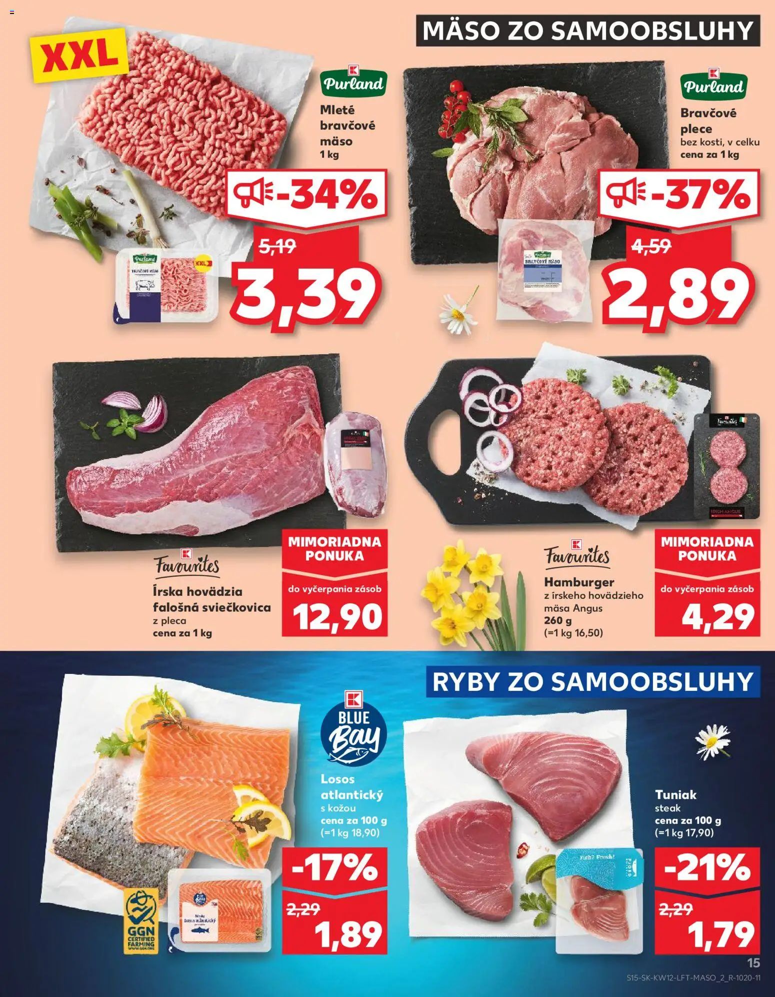 Nové Kaufland akcie – leták je platný od 19.03.2026 | Strana: 15 | Produkty: Tuniak, Ryby, Bravčové plece, Losos
