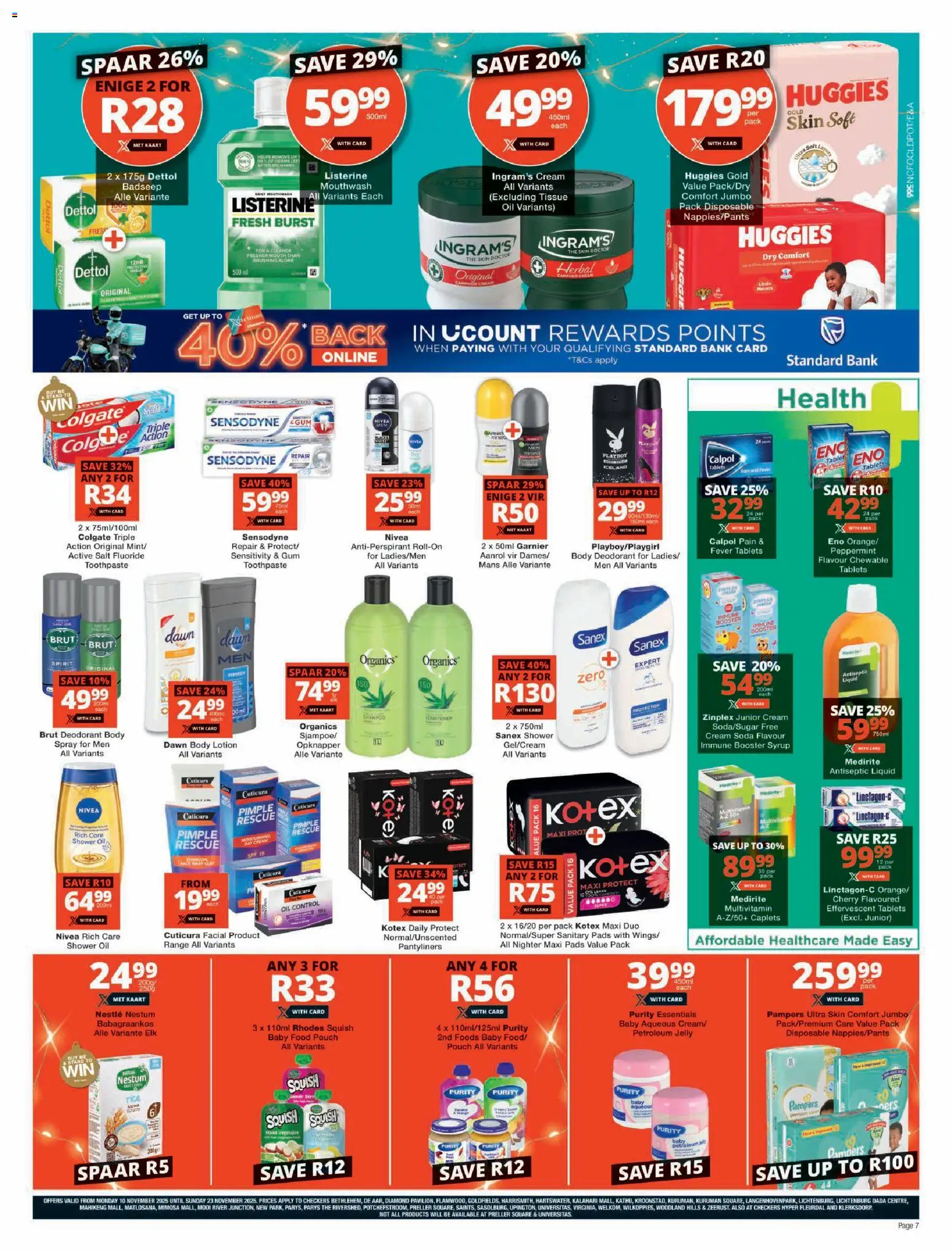 New Checkers catalogue – valid from 10.11.2025 | Page: 7 | Products: Pads, Syrup, Toothpaste, Lotion
