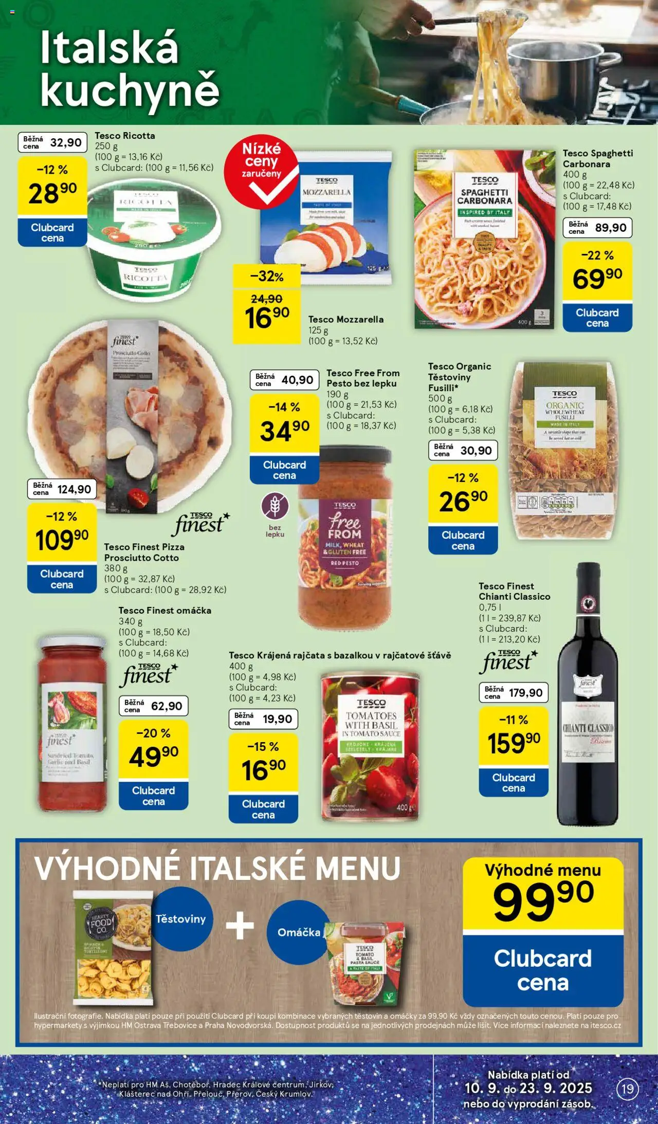 Tesco leták - Hypermarket od 17.09.2025 | Strana: 19 | Produkty: Finest, Pesto, Krájená rajčata, Mozzarella