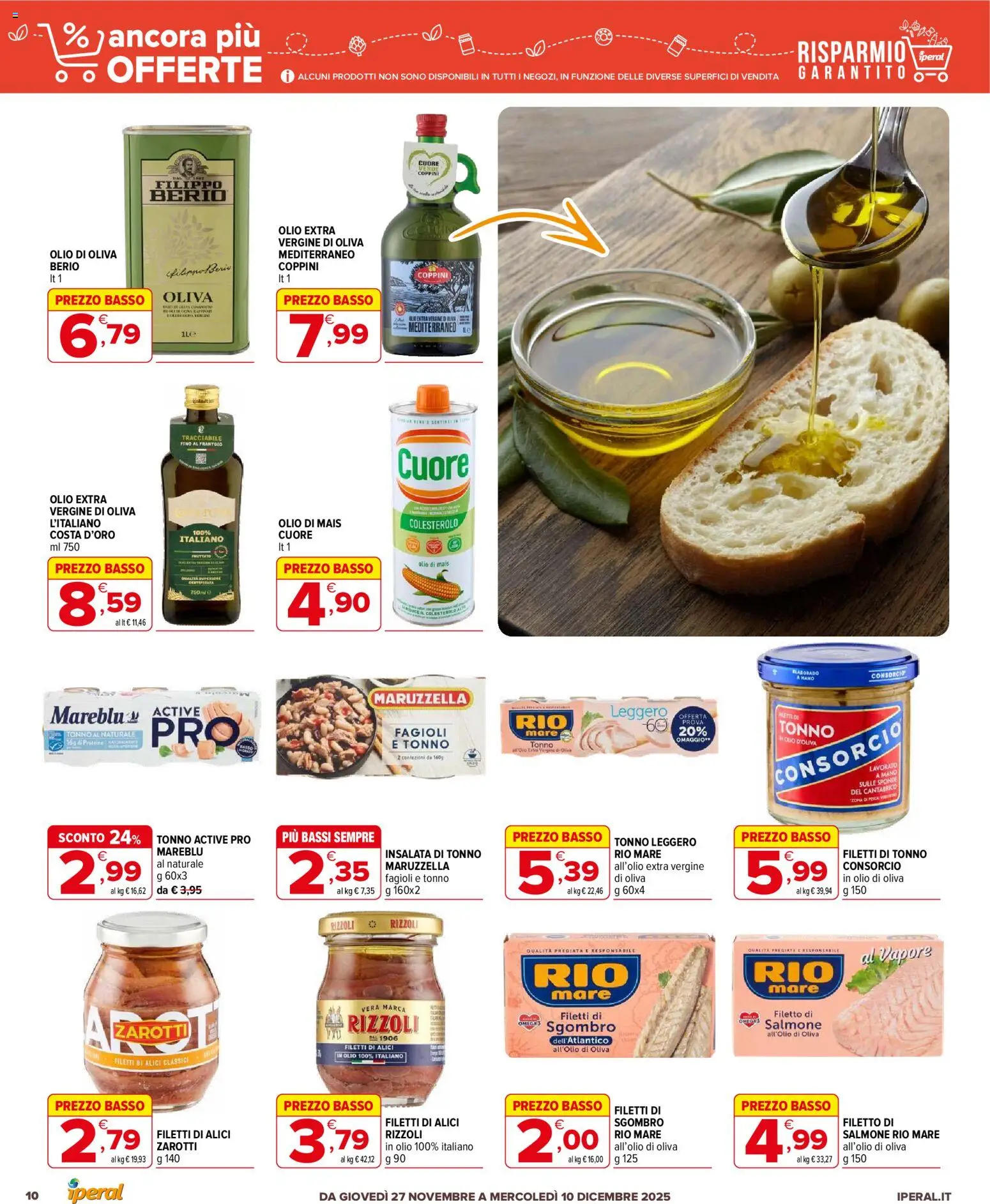 Volantino Iperal del 27.11.2025 | Pagina: 10 | Prodotti: Tonno, Olio extra vergine, Sgombro, Olio di Oliva