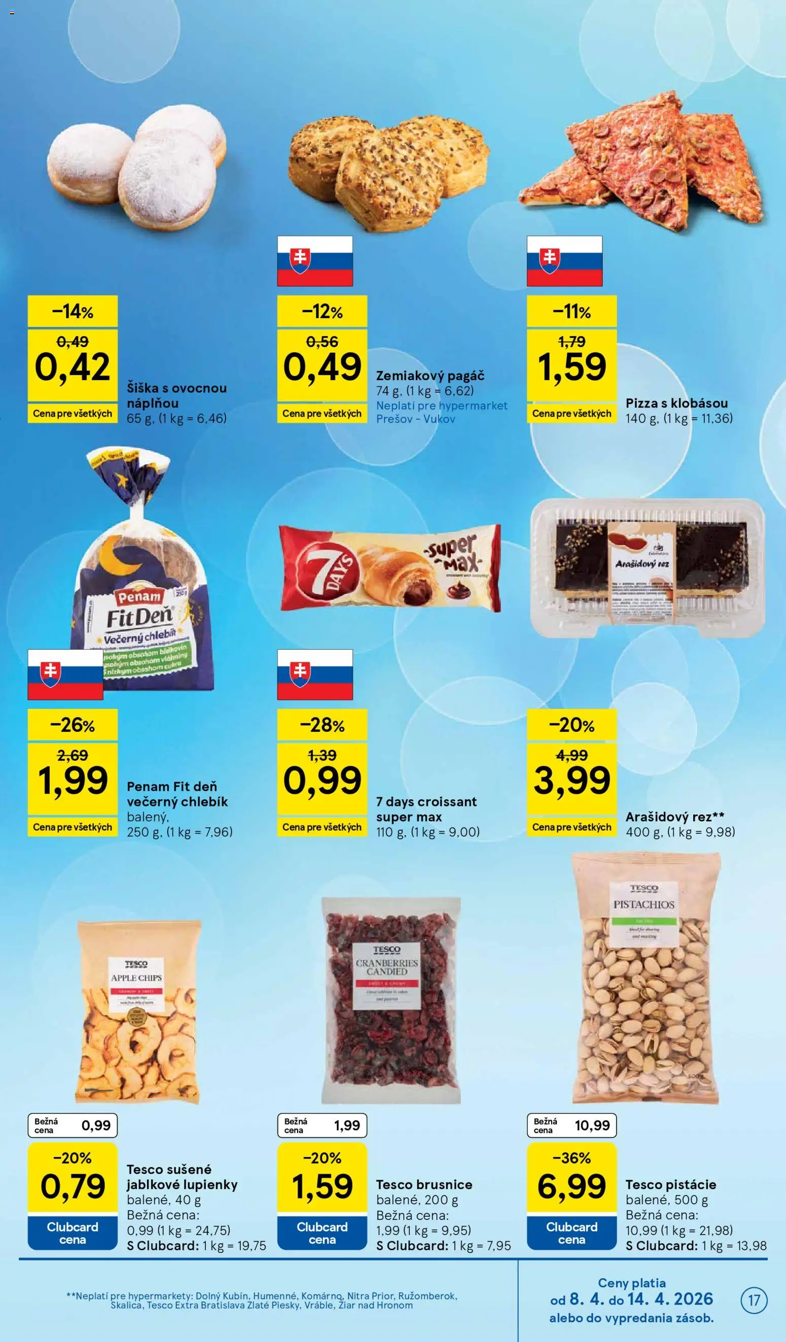 Nové Tesco akcie – leták je platný od 08.04.2026 | Strana: 17 | Produkty: Pizza, Croissant, Apple, Pistácie