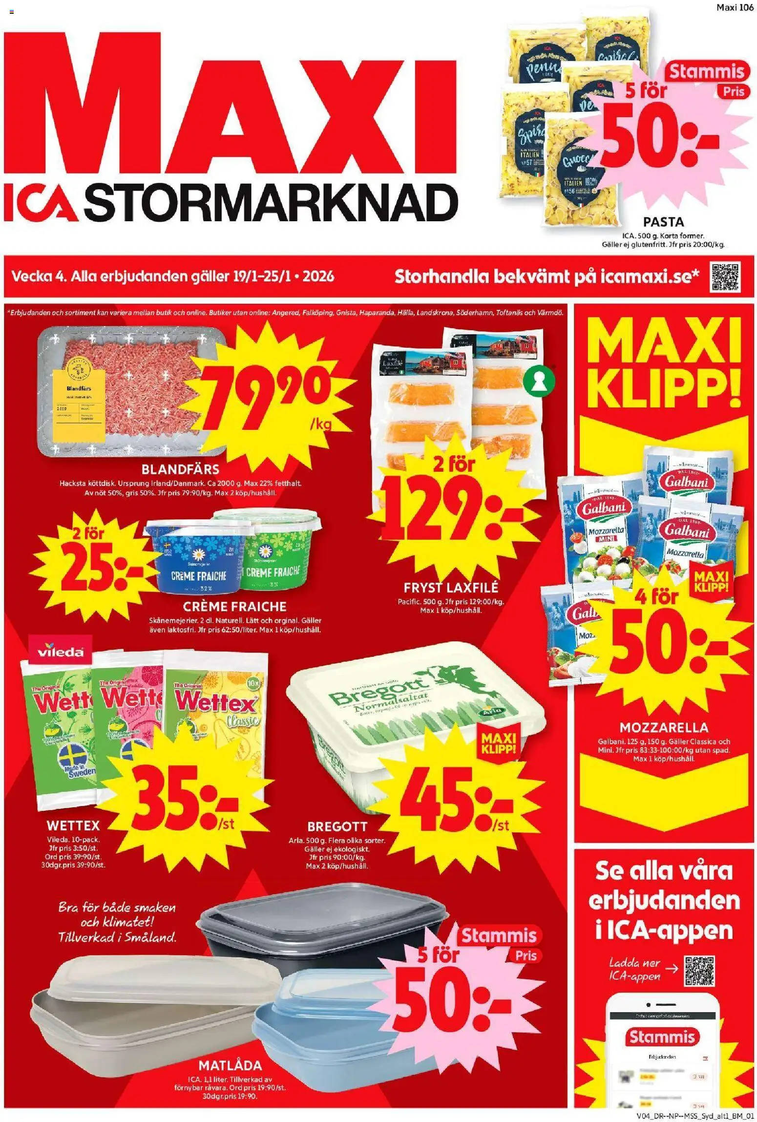 ICA Maxi reklamblad aktuell från 19.01.2026 | Sida: 1 | Produkter: Galler, Blandfärs, Creme fraiche, Matlåda