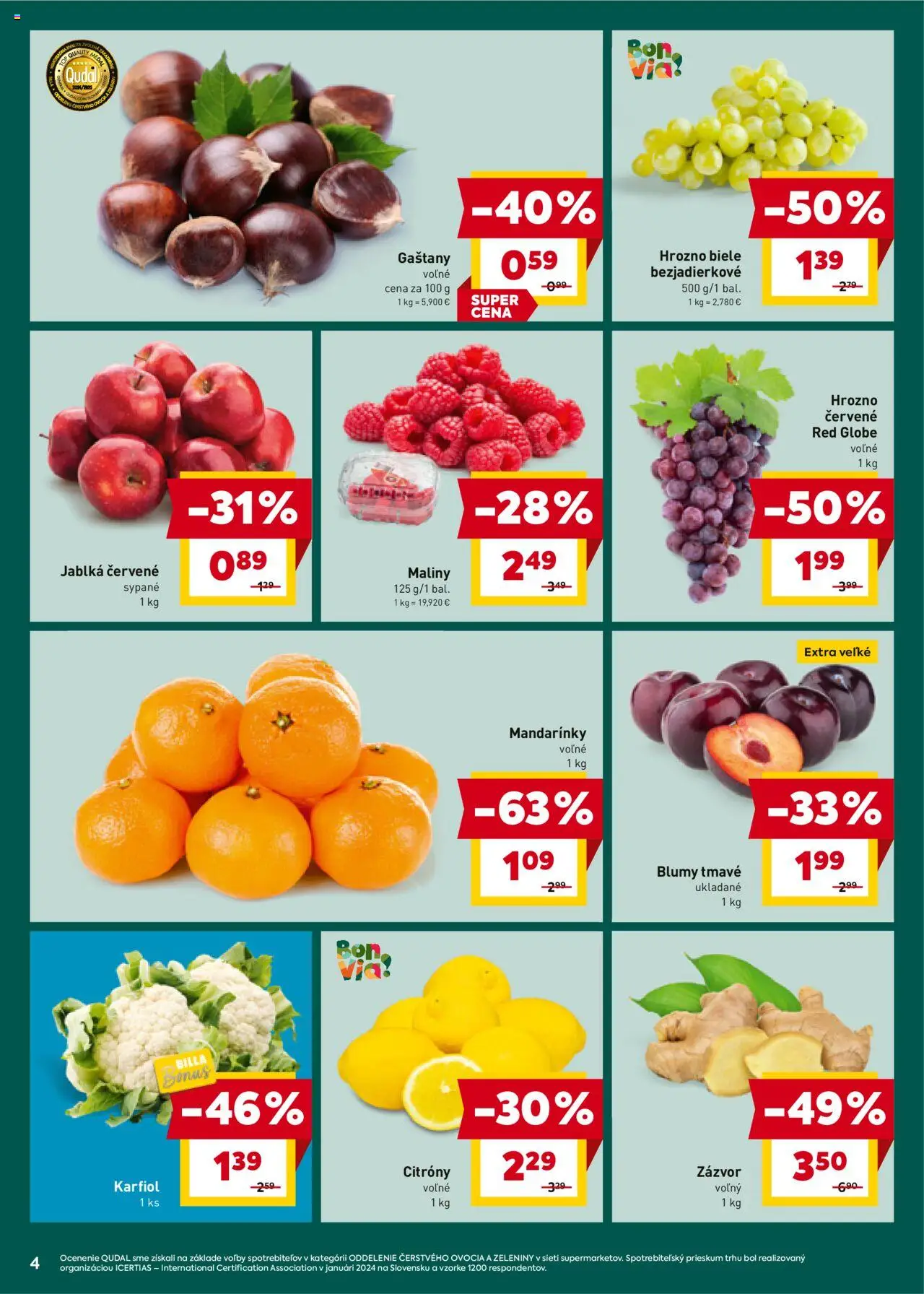 Nové Billa akcie – leták je platný od 22.10.2025 | Strana: 4 | Produkty: Gaštany, Zázvor, Karfiol, Maliny