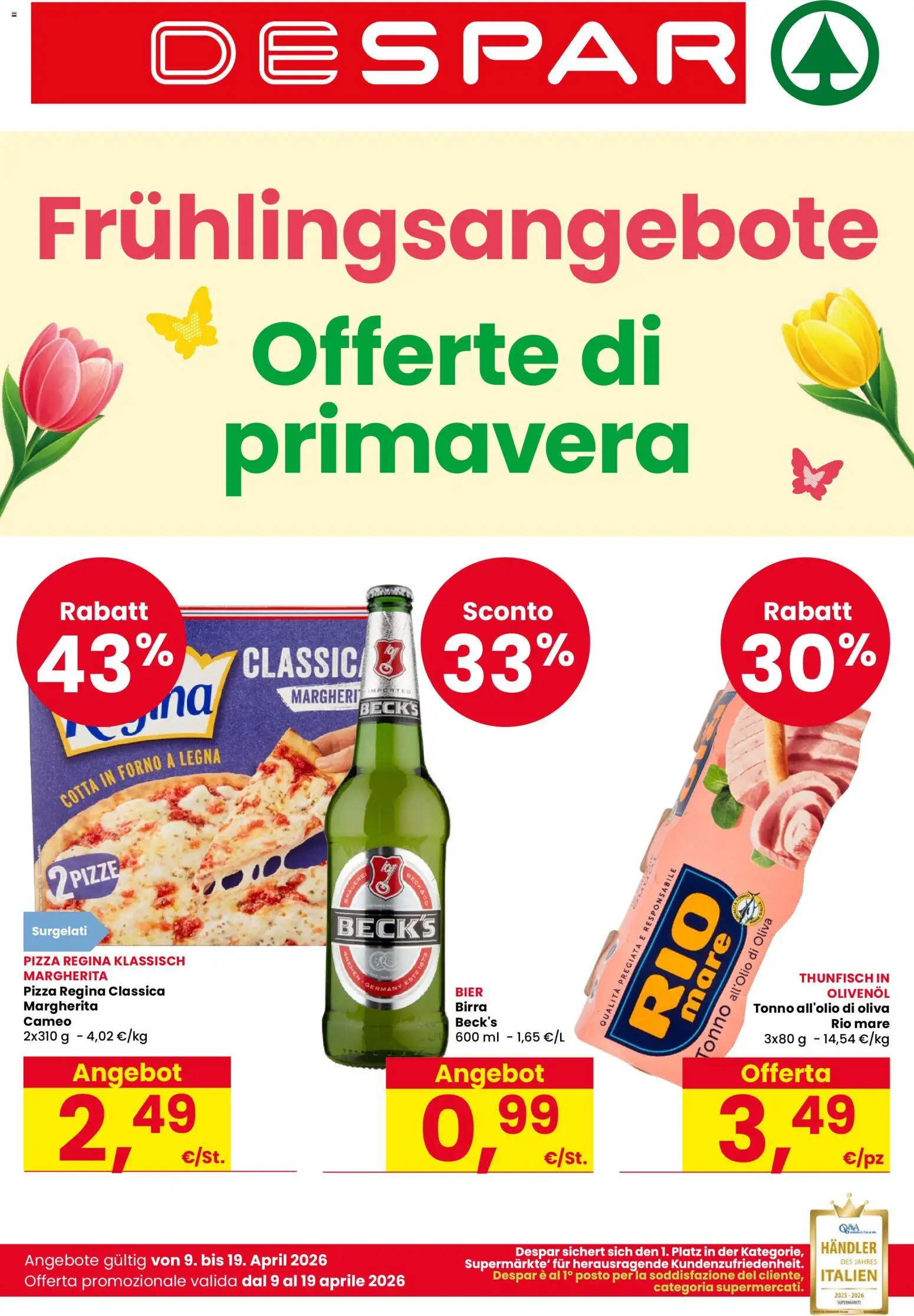 Volantino Despar del 09.04.2026 | Pagina: 1 | Prodotti: Pizza, Birra, Tonno, Forno