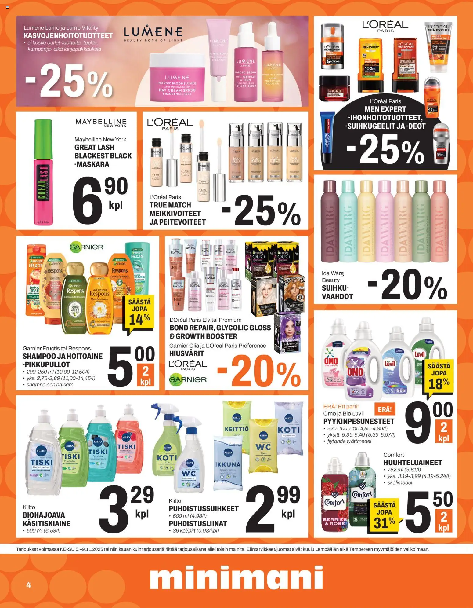 Minimani tarjoukset – voimassa 05.11.2025 alkaen | Sivu: 4 | Tuotteet: Mousse, Puhdistusliinat, Keittiö, Suihku
