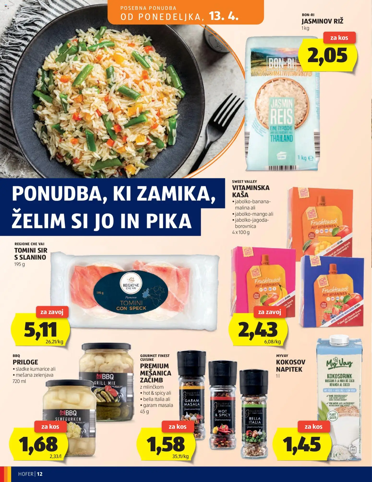 Novi Hofer katalog ponudbe – veljaven od 08.04.2026 | Stran: 12 | Izdelki: Kos, Sir, Riz, Zelenjava