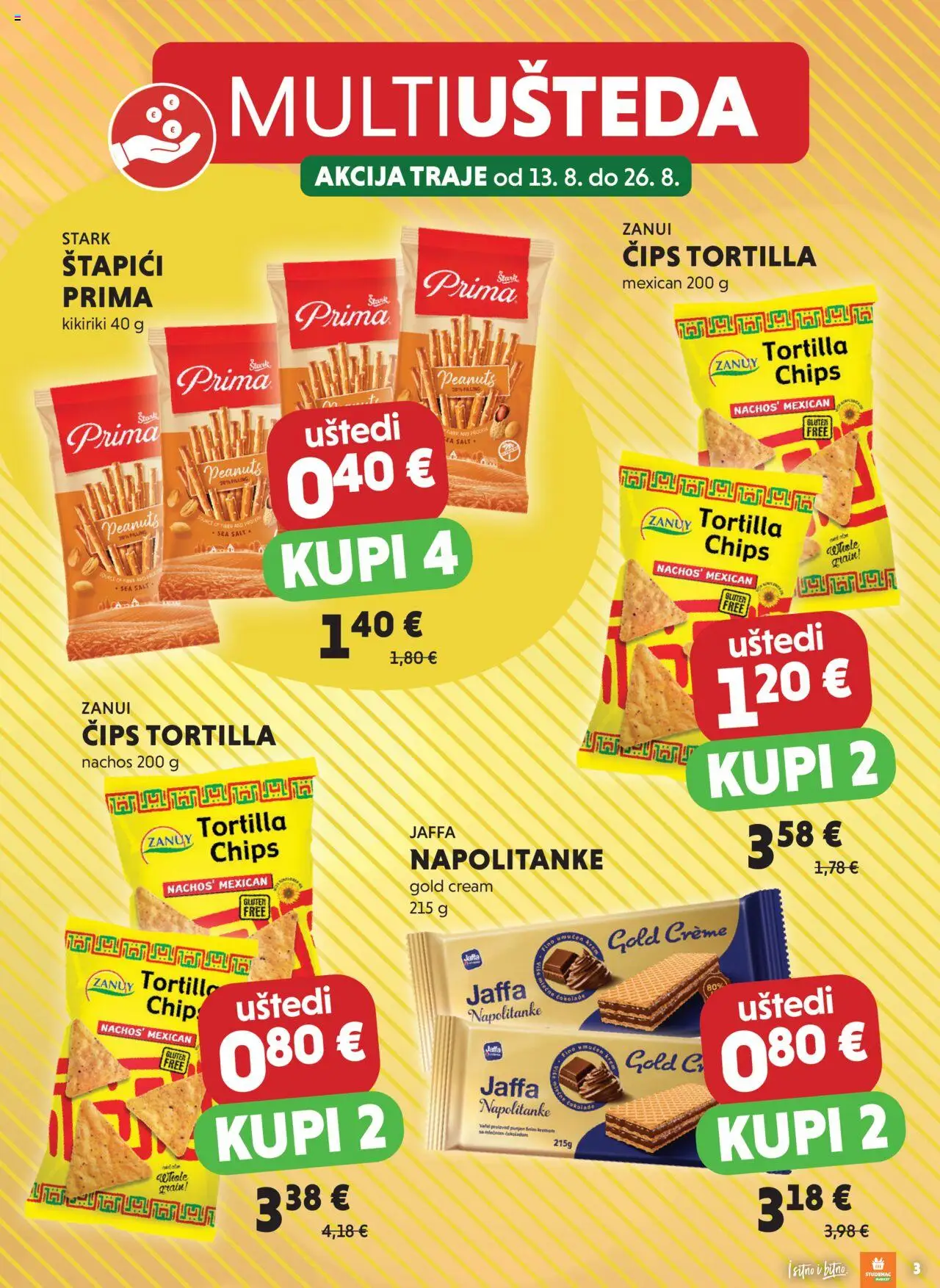 Studenac katalog | vrijedi od 13.08.2025 | Stranica: 3 | Proizvodi: Čips, Kikiriki, Napolitanke, Štapići