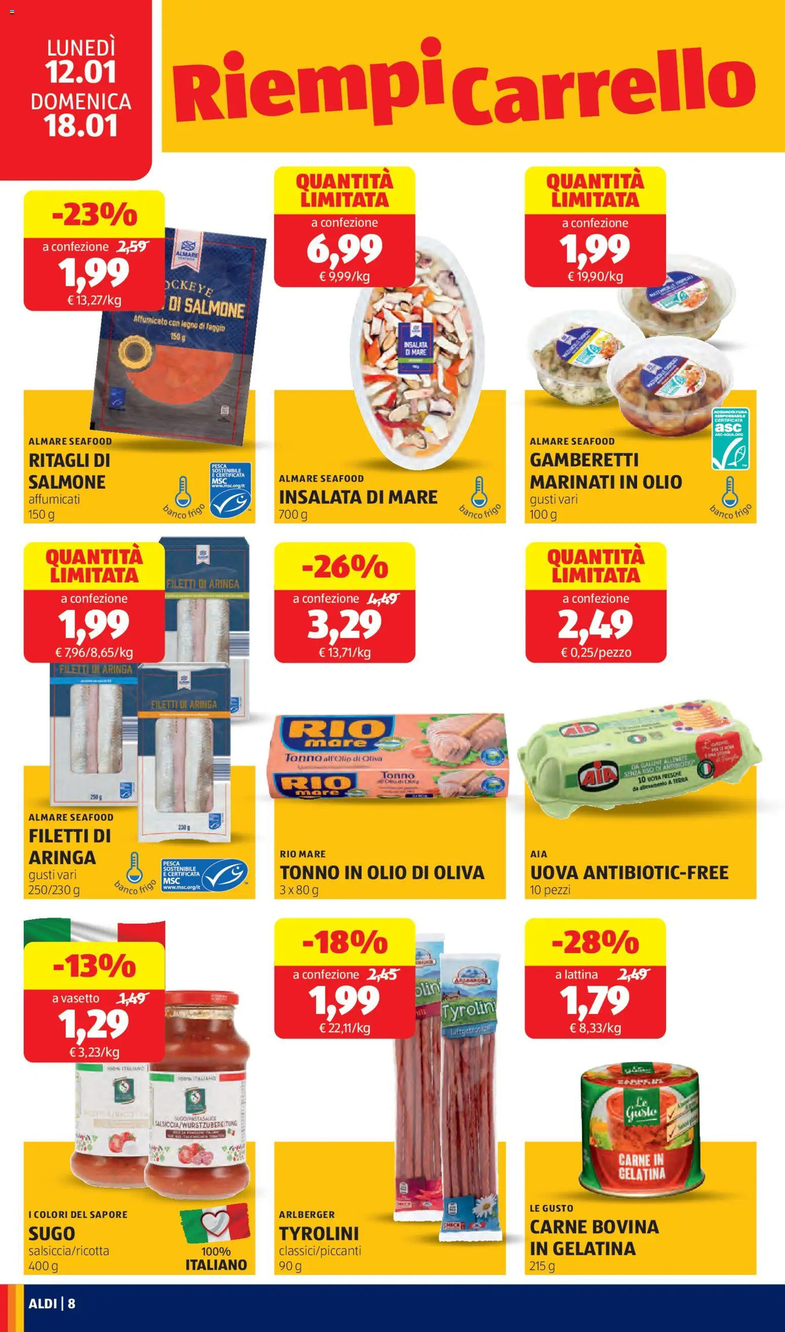 Volantino Aldi del 12.01.2026 | Pagina: 8 | Prodotti: Uova, Pasta, Tonno, Gamberetti