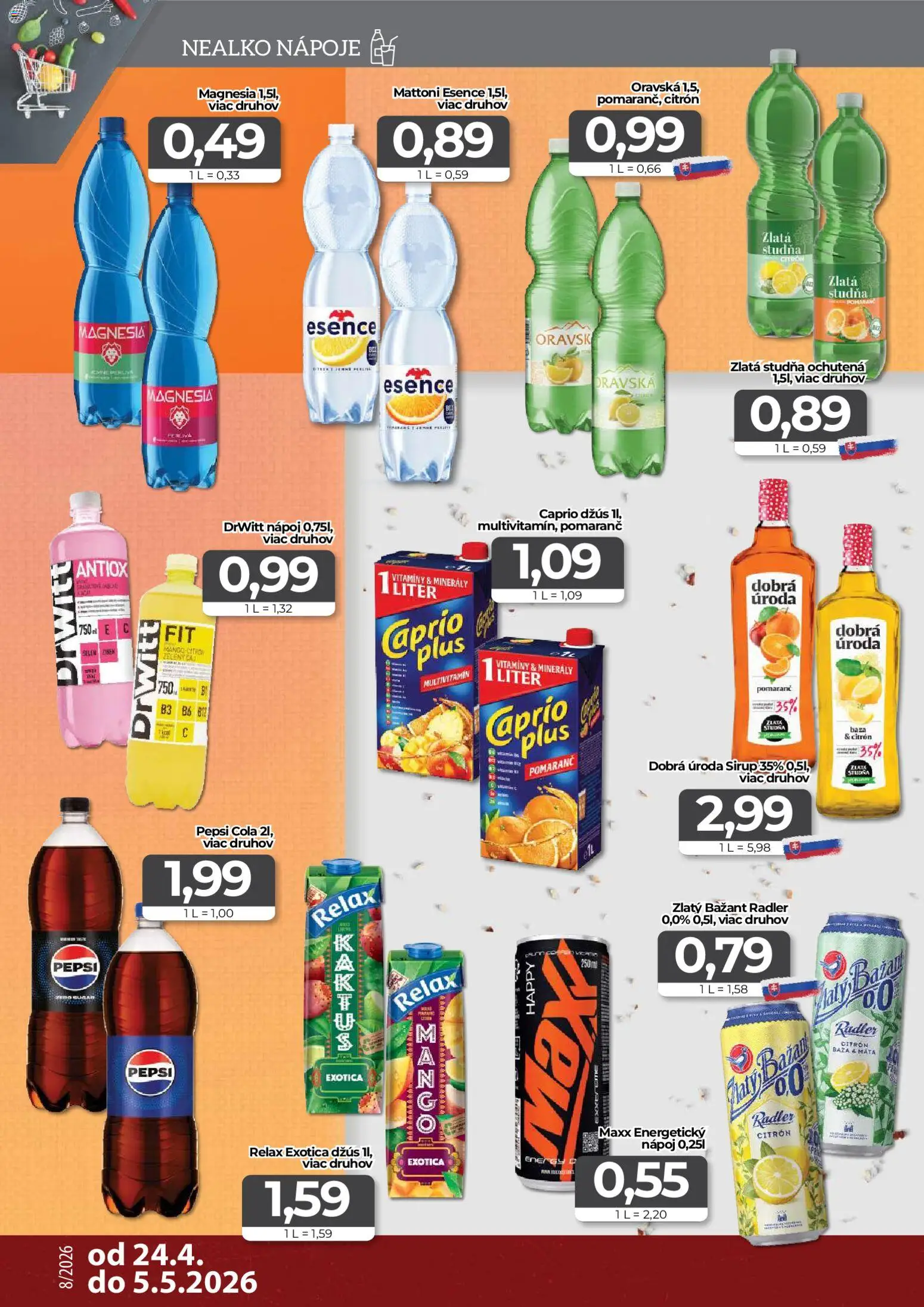 Nové CBA Komfos akcie – leták je platný od 24.04.2026 | Strana: 12 | Produkty: Džús, Radler, Pepsi, Cola