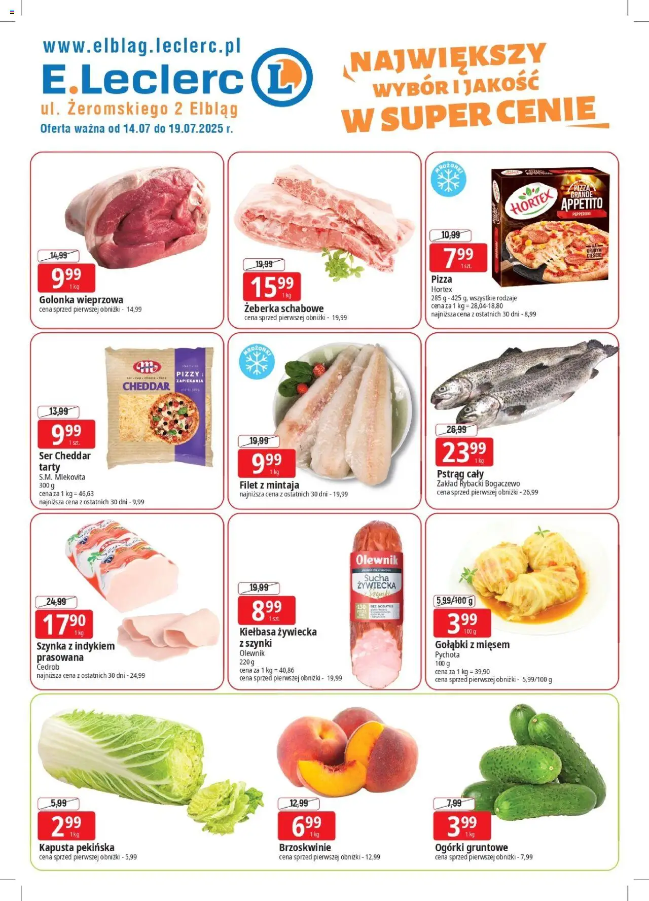 E.Leclerc Gazetka - Elbląg od 14.07.2025 | Strona: 1 | Produkty: Kiełbasa, Kapusta pekińska, Ogórki, Ogórki gruntowe