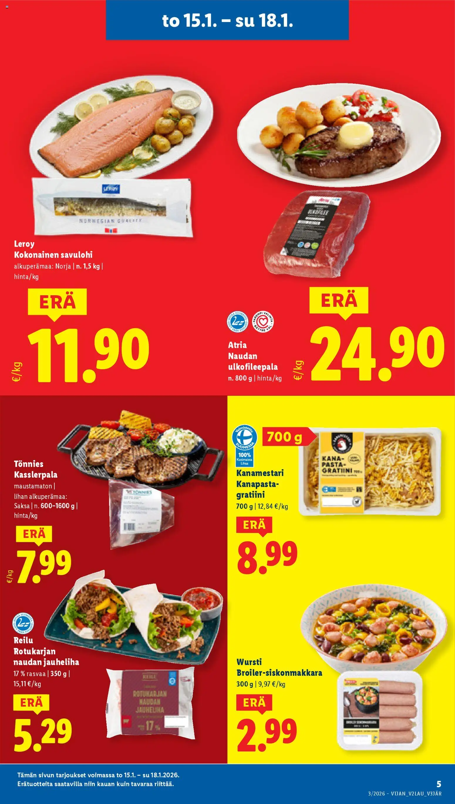 Lidl tarjoukset - Tampere – voimassa 15.01.2026 alkaen | Sivu: 5 | Tuotteet: Kokonainen, Jauheliha, Savulohi, Pasta