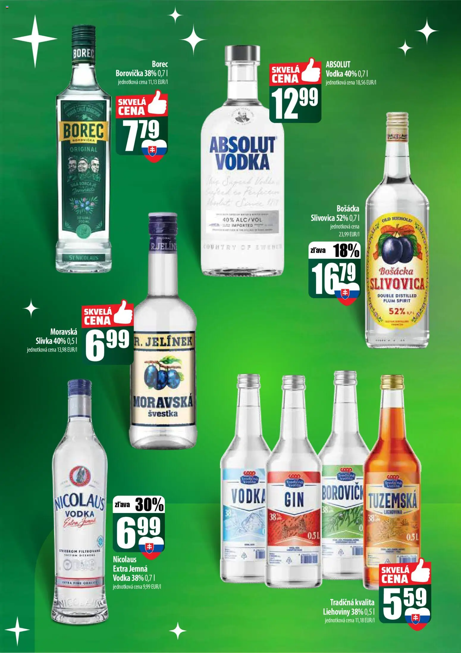 Nové COOP Jednota akcie – leták je platný od 18.12.2025 | Strana: 56 | Produkty: Borovička, Bošácka slivovica, Slivovica, Vodka