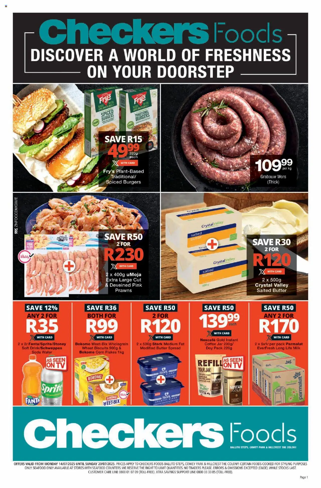 Checkers KwaZulu-Natal - Foods July Mid-Month Promotion │ valid from 14.07.2025 | Page: 1 | Products: TV, Milk, Water, Seafood