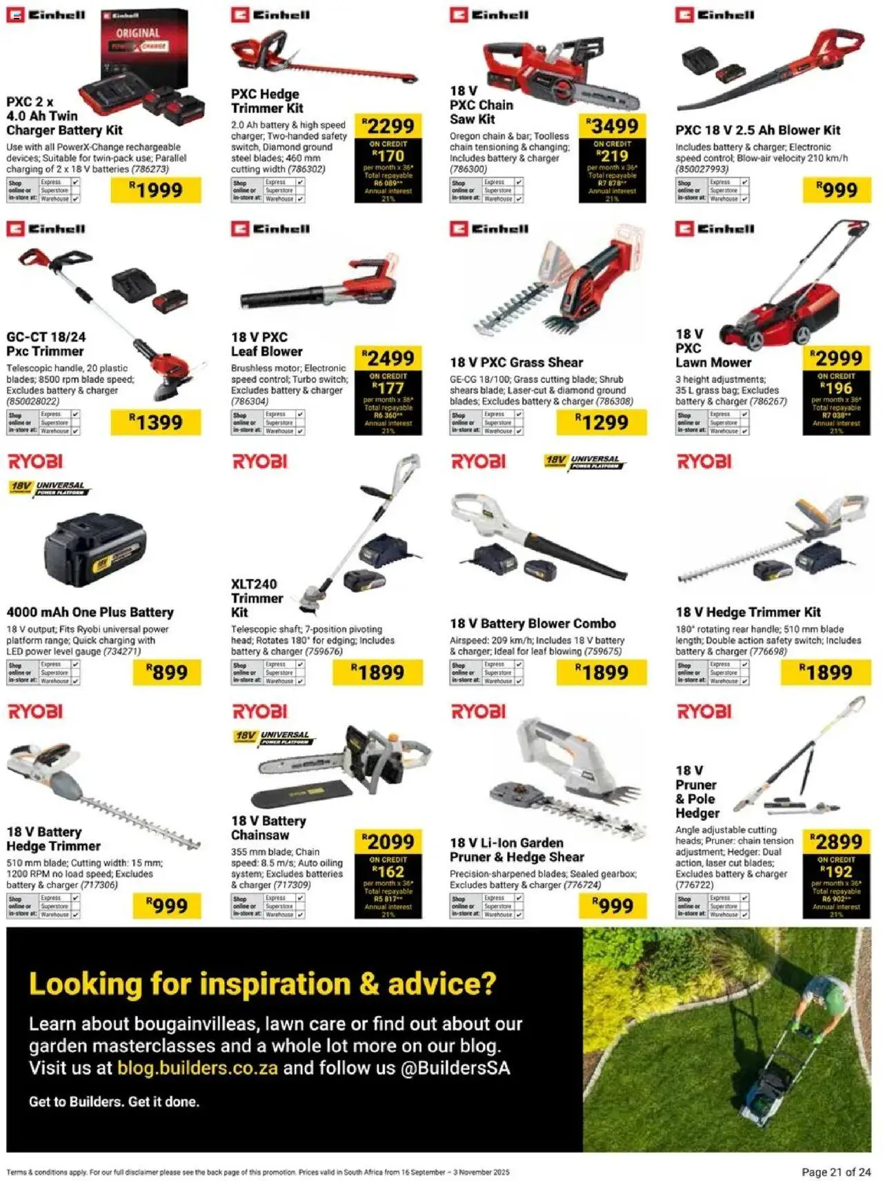 New Builders catalogue – valid from 16.09.2025 | Page: 21 | Products: Mower, Chainsaw, Battery, Charger