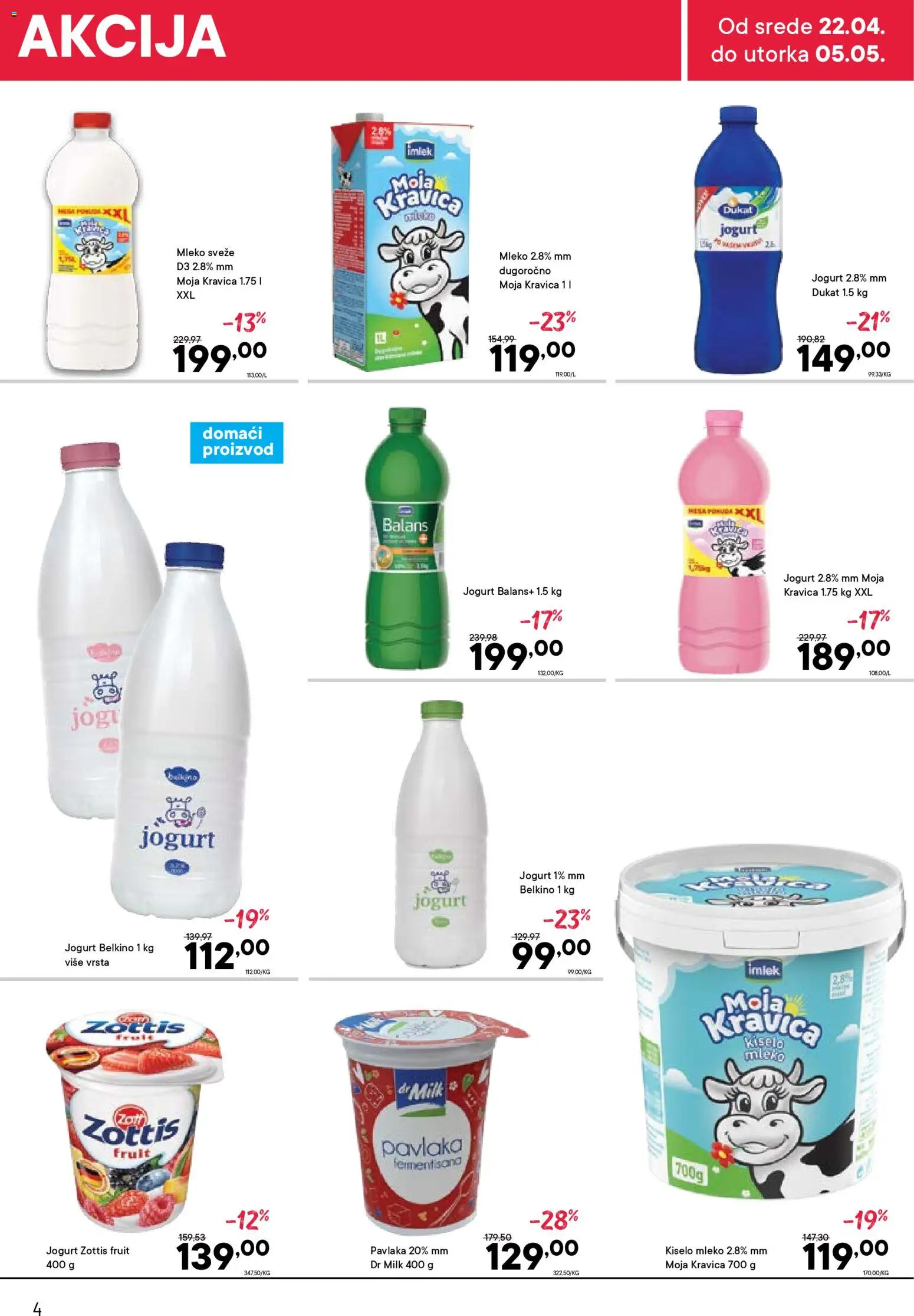 PerSu katalog - važi od 22.04.2026 | Strana: 4 | Proizvode: Kiselo mleko, Moja kravica, Mleko, Pavlaka