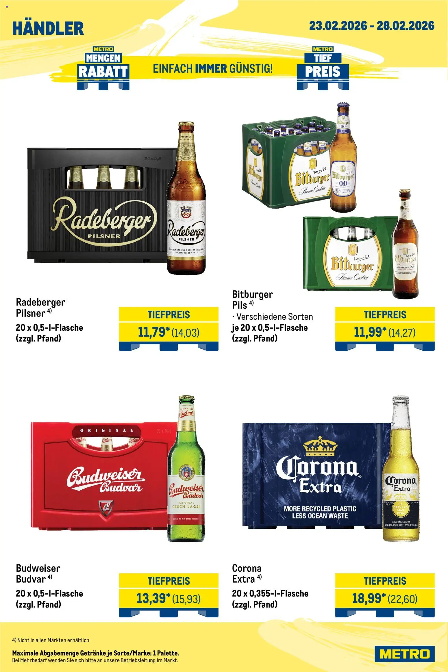 Metro Wochen-Angebote Händler – gültig ab 23.02.2026 | Seite: 4 | Produkte: Bitburger, Pils, Budweiser, Radeberger pilsner