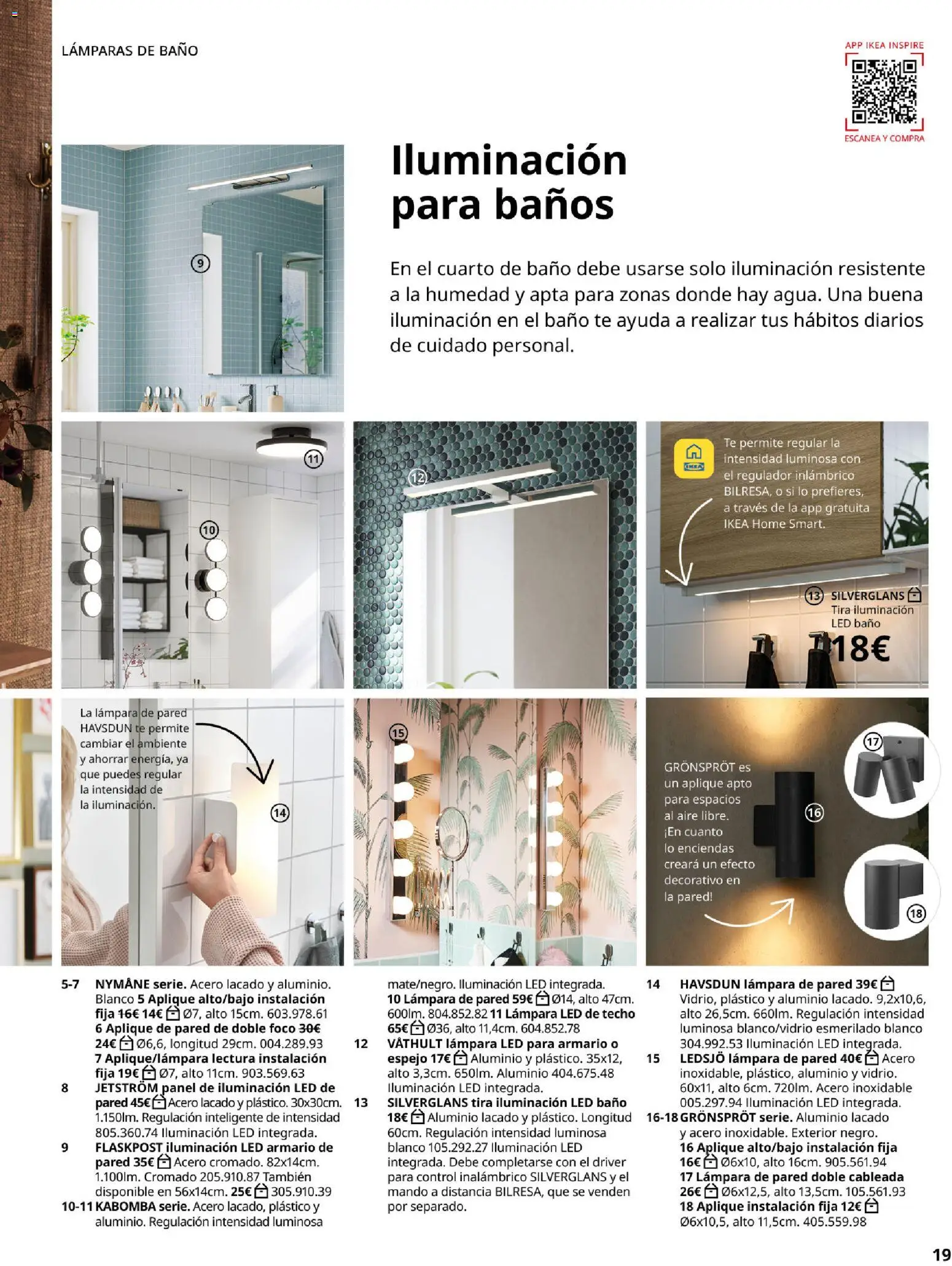 Catálogo IKEA Iluminación y hogar inteligente │ válido desde el 06.03.2026 | Página: 19 | Productos: Lámpara de pared, Té, Armario, Baño