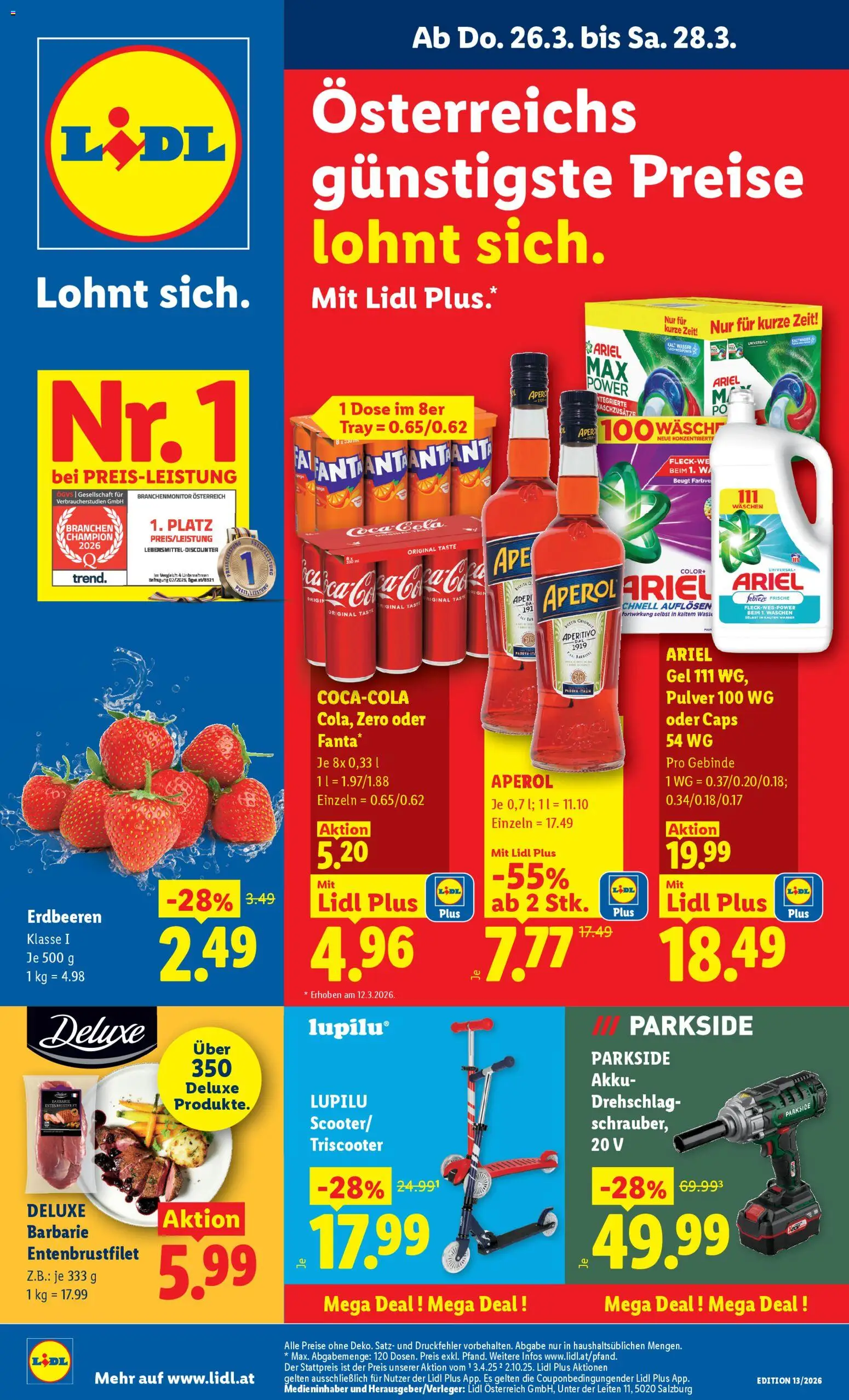 Lidl Flugblatt - Altenmarkt im Pongau, St. Johann im Pongau, Zell am See gültig ab 26.03.2026 | Seite: 1 | Produkte: Erdbeeren, Wasser
