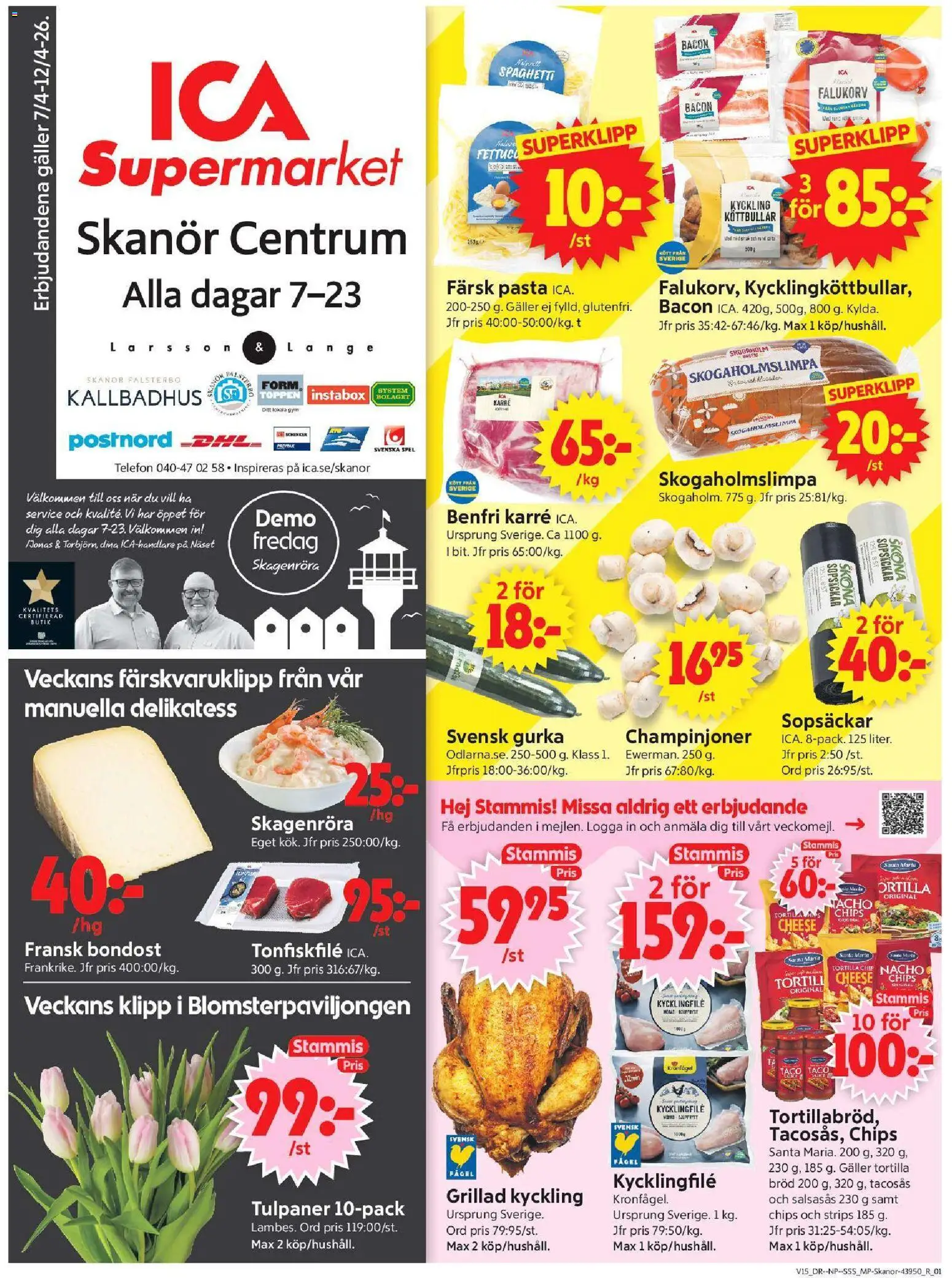 ICA Supermarket reklamblad aktuell från 06.04.2026 | Sida: 1 | Produkter: Köttbullar, Kycklingfile, Champinjoner, Gurka