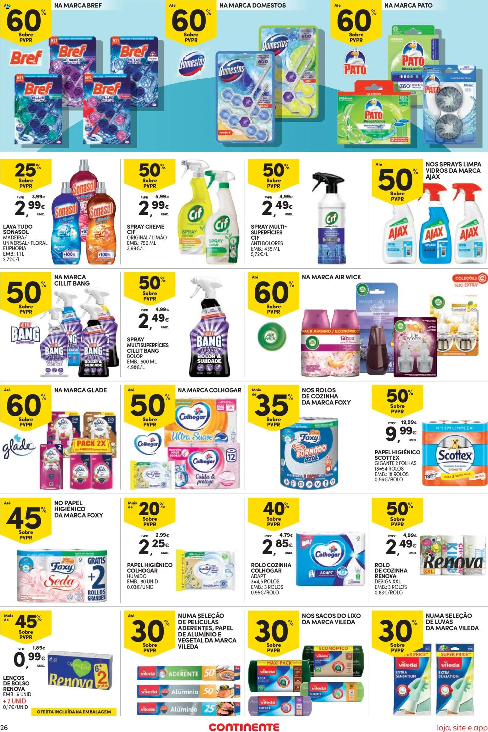 Continente Semanal Continente Bom Dia │ válido de 06.01.2026 | Página: 26 | Produtos: Luvas, Papel higiénico, Cillit bang bolor, Creme