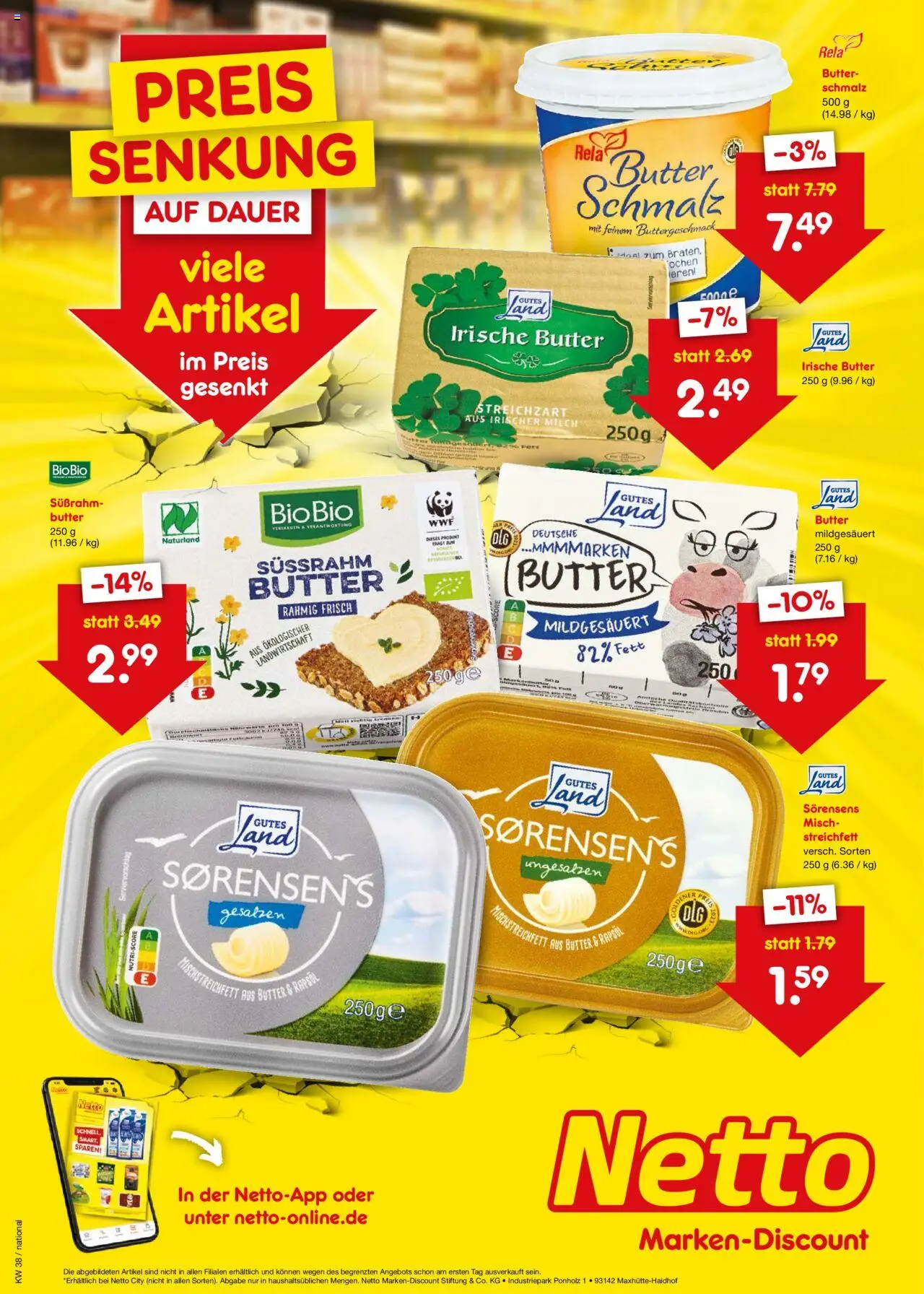 Netto Marken-Discount  Preissenkung auf Dauer – gültig ab 17.09.2025 | Seite: 1 | Produkte: Milch, Butter, Rapsöl, Rum