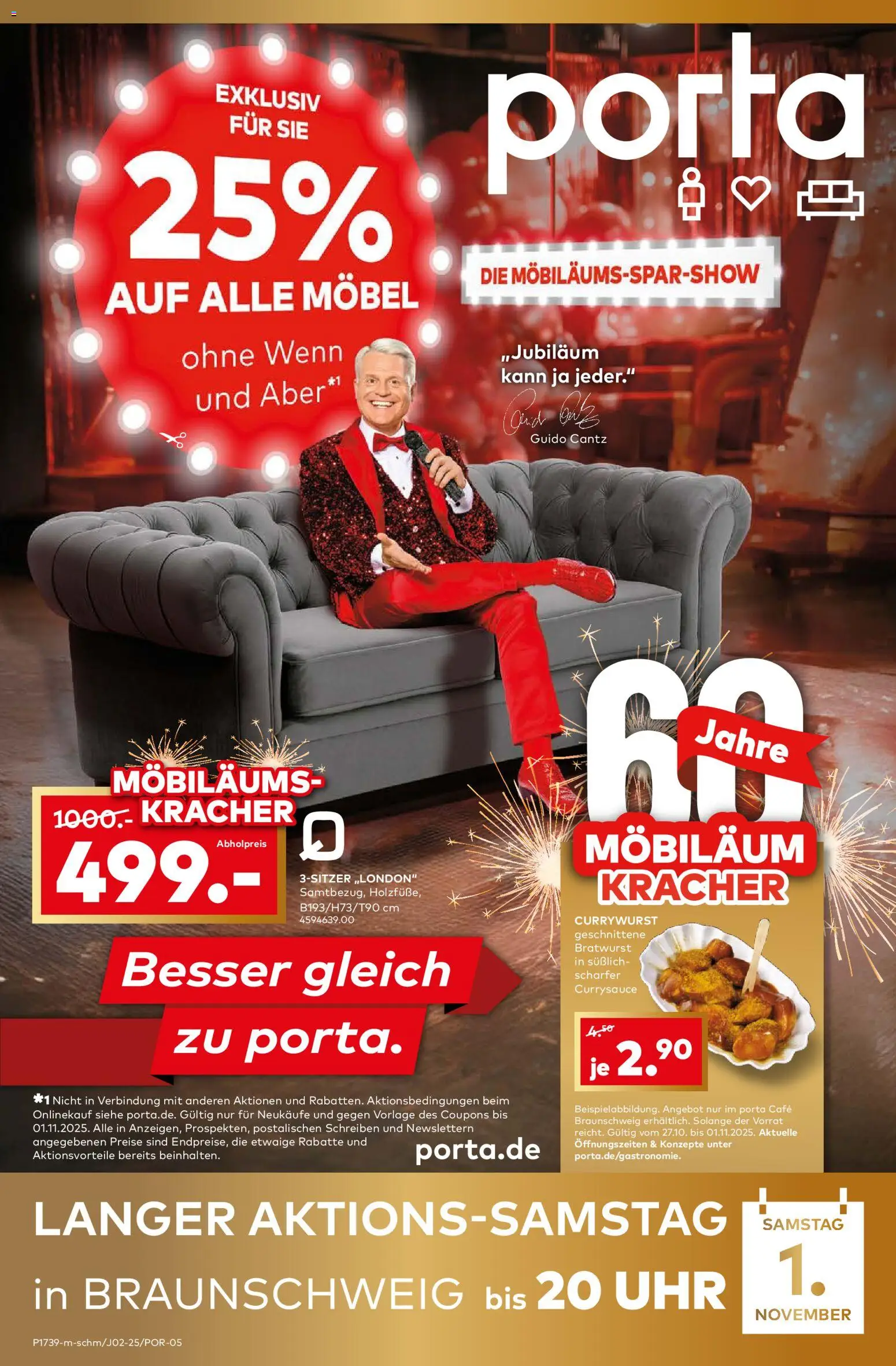 Porta! Möbiläums-Spar-Show mit Guido Cantz und 25% auf ALLE Möbel - Braunschweig – gültig ab 27.10.2025 | Seite: 1 | Produkte: Bratwurst, Uhr