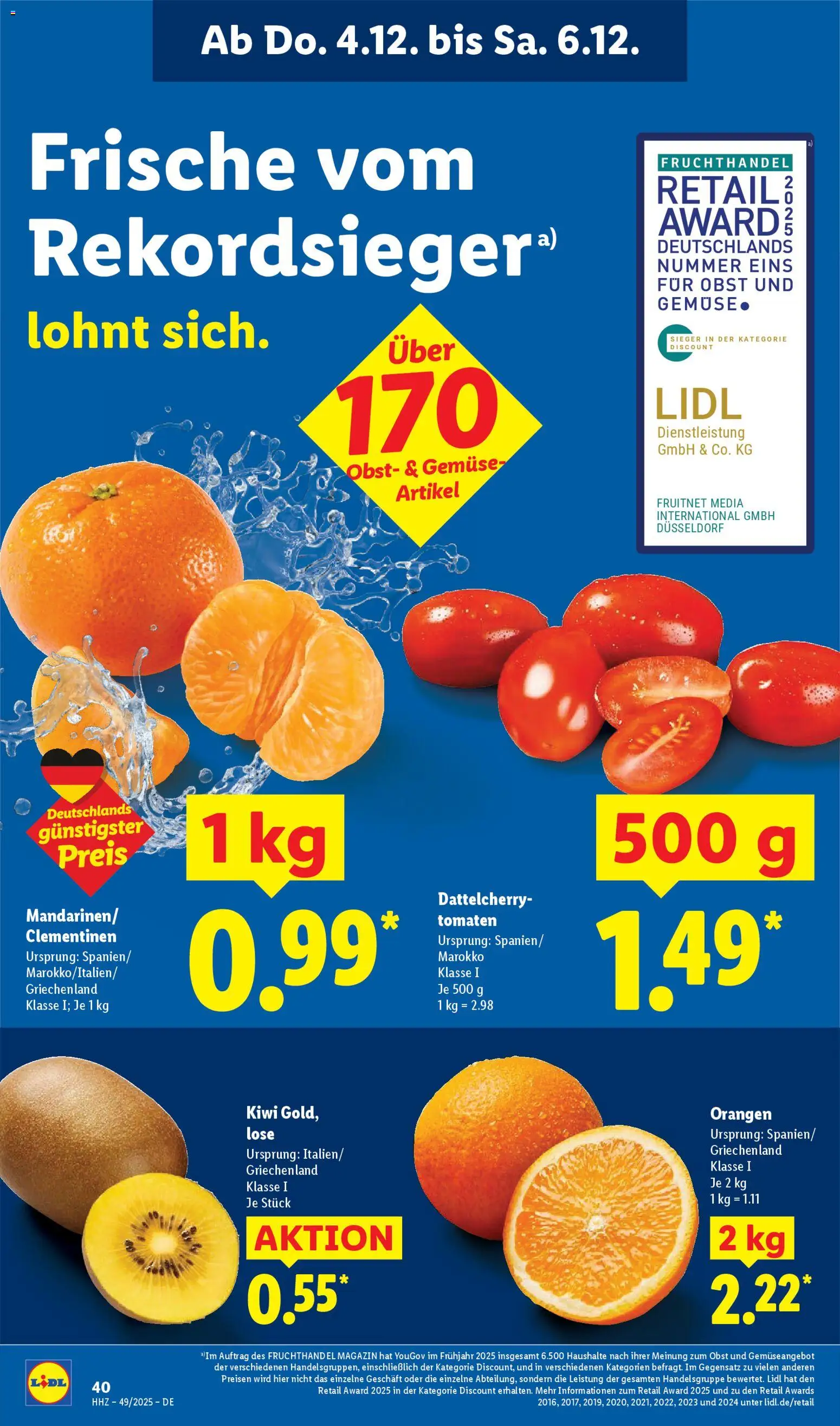 Lidl - Prospekt – gültig ab 01.12.2025 | Seite: 60 | Produkte: Orangen, Tomaten, Gemüse, Kiwi
