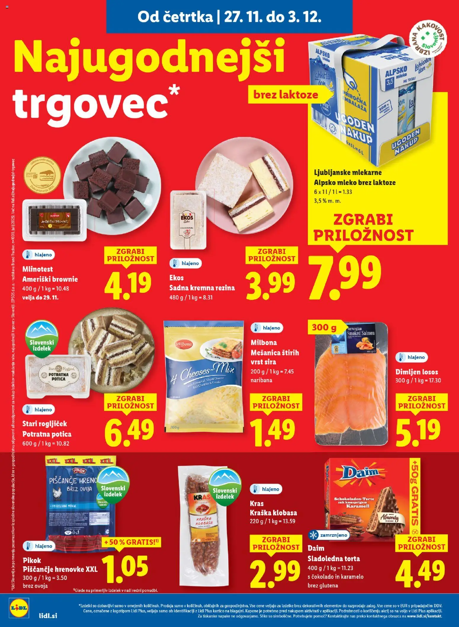 Novi Lidl katalog ponudbe – veljaven od 27.11.2025 | Stran: 12 | Izdelki: Hrenovke, Losos, Mleko, Cheddar