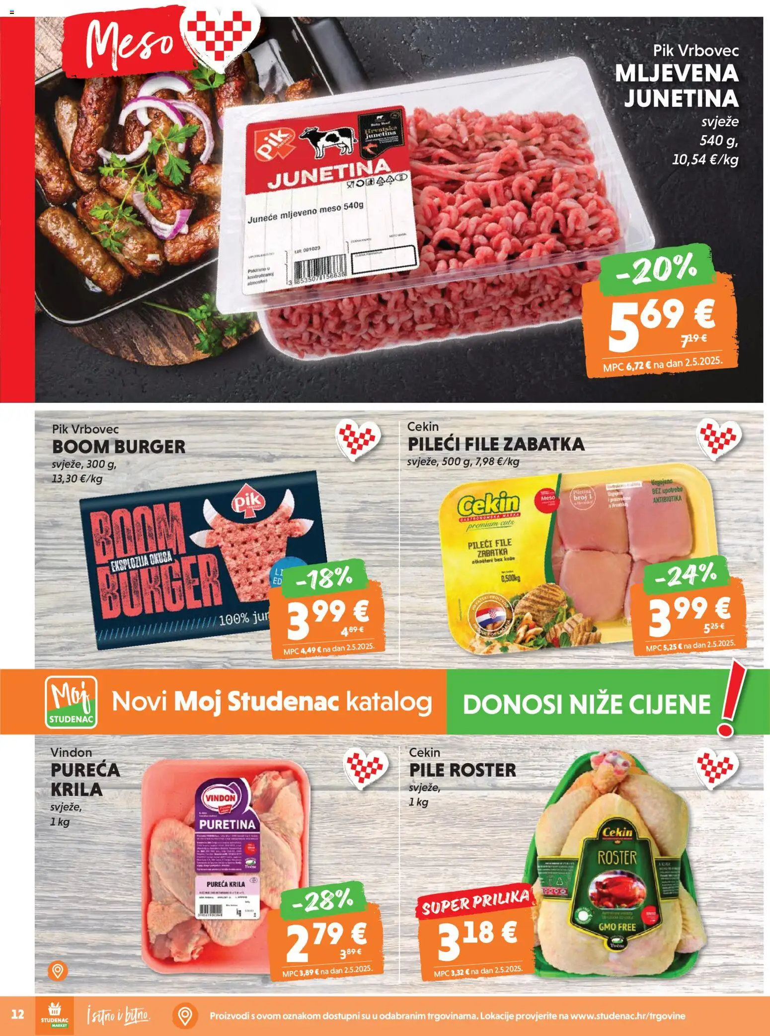 Studenac katalog | vrijedi od 18.03.2026 | Stranica: 12 | Proizvodi: Puretina, Pileći file, Junetina, Mljeveno meso