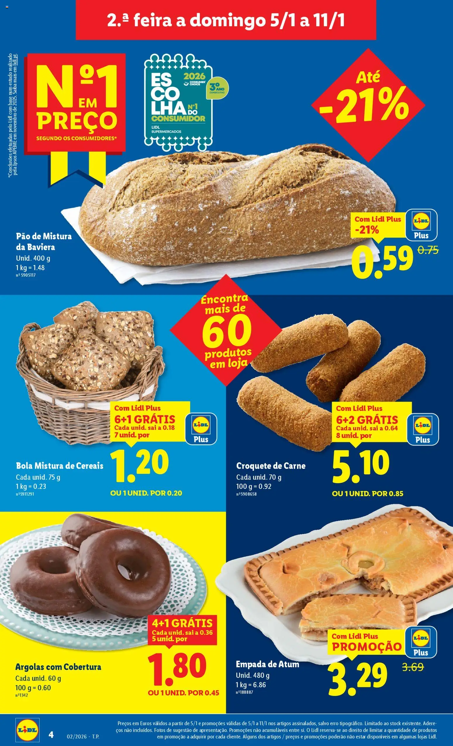 Lidl folheto │ válido de 05.01.2026 | Página: 4 | Produtos: Atum, Pão, Carne, Cereais