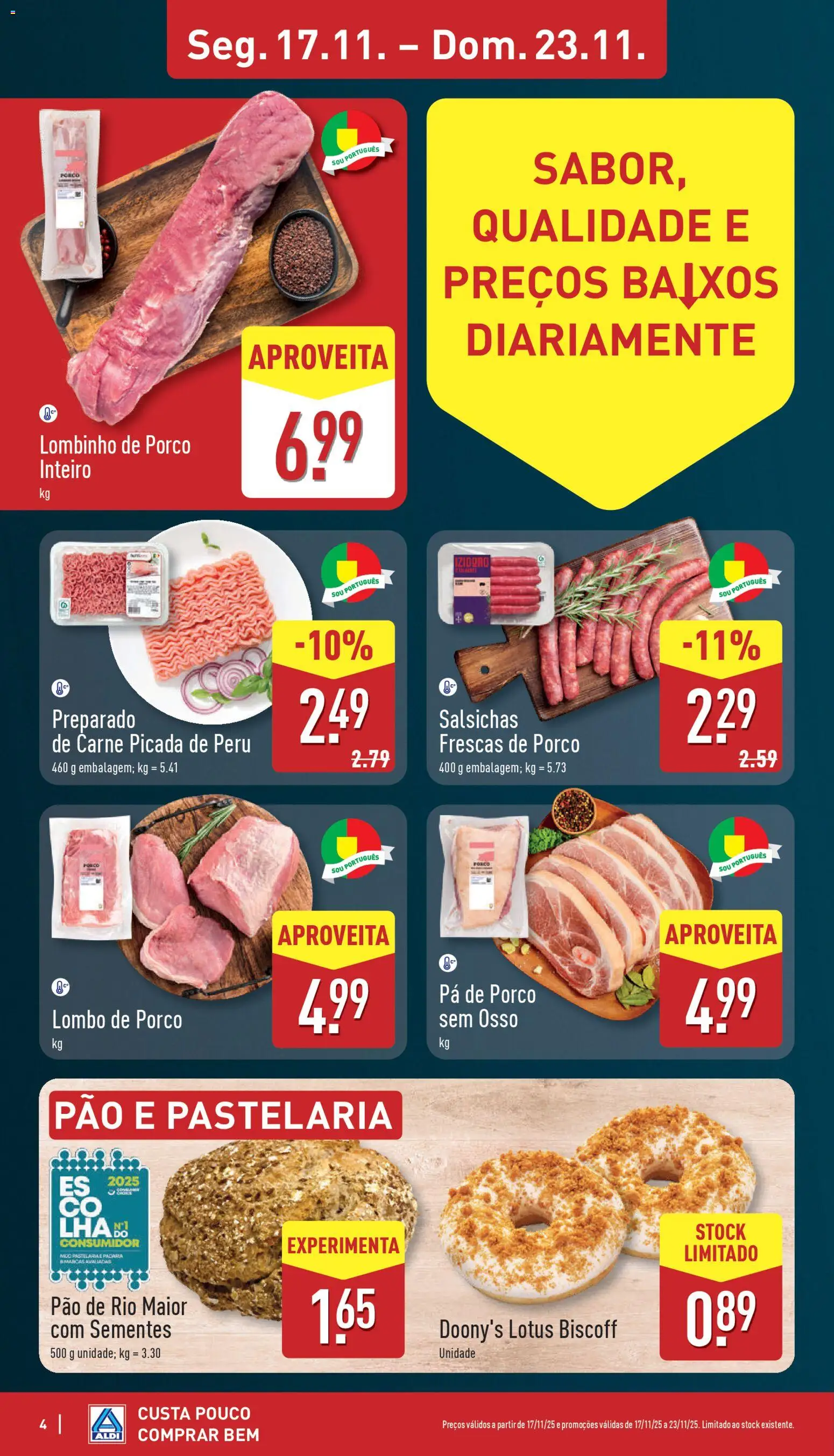 Aldi folheto │ válido de 17.11.2025 | Página: 4 | Produtos: Carne picada, Lombo, Pão, Pá