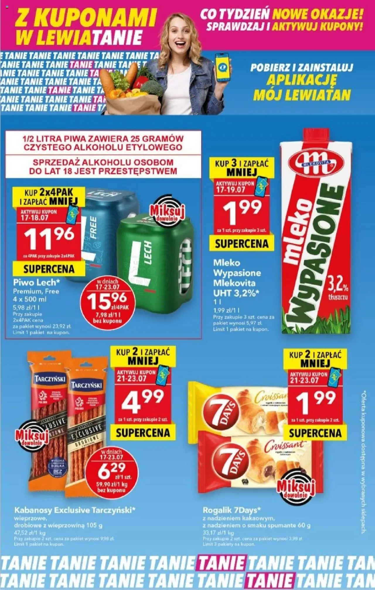 Lewiatan gazetka - Z Kuponami w Lewiatanie od 17.07.2025 | Strona: 1 | Produkty: Kabanosy, Mleko, Piwo, Wieprzowina