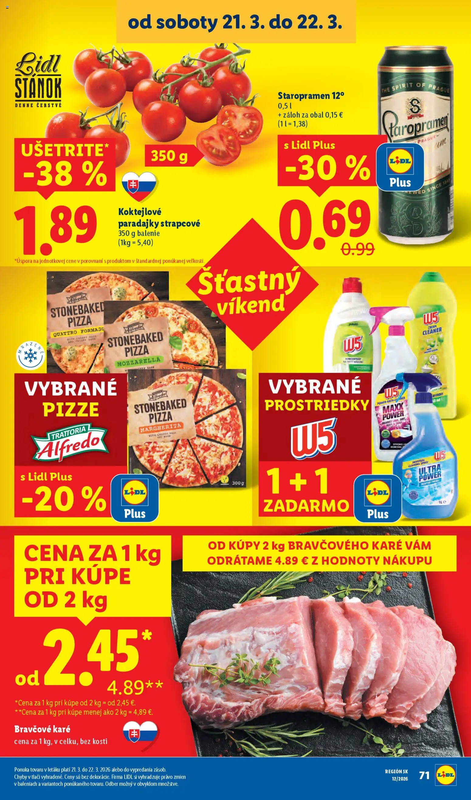 Nové Lidl akcie – leták je platný od 16.03.2026 | Strana: 101 | Produkty: Pizza, Mozzarella, Staropramen, Bravčové karé