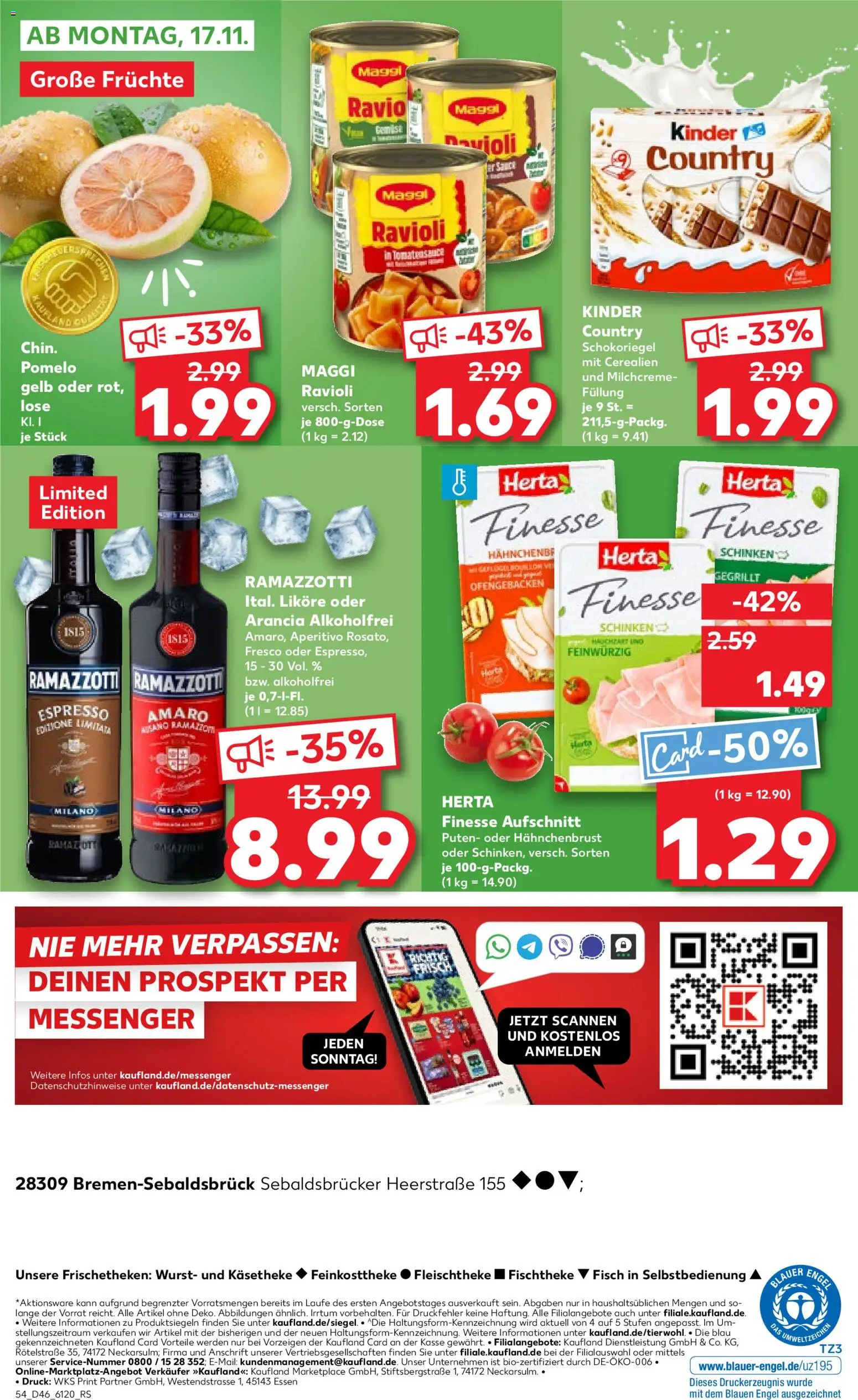 Kaufland prospekt Bremen	 – gültig ab 13.11.2025 | Seite: 54 | Produkte: Fisch, Wurst, Ramazzotti, Kinder country