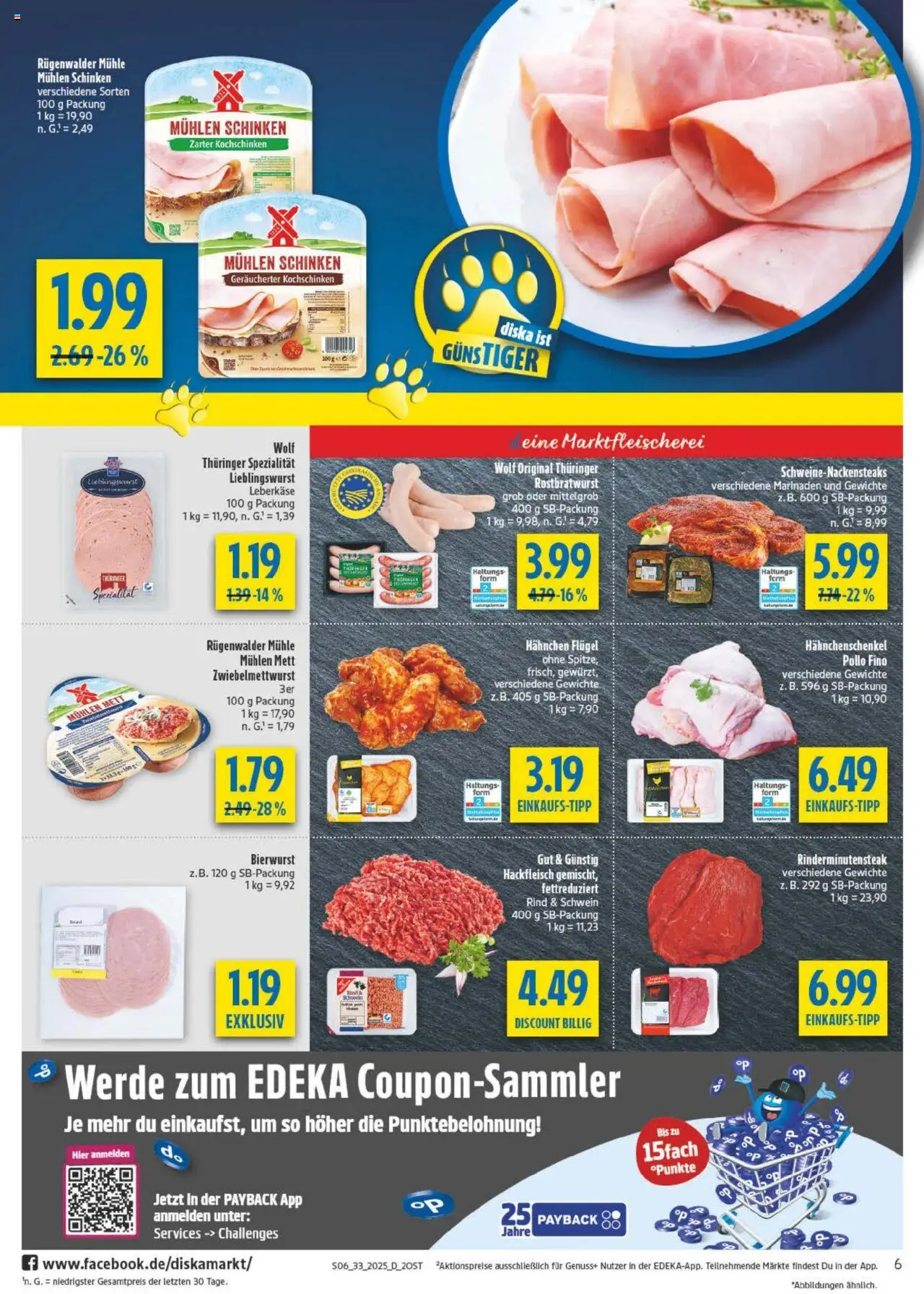 Diska Prospekt 	 - gültig ab dem 11.08.2025 | Seite: 6 | Produkte: Hahnchen, Schinken, Hackfleisch, Leberkase