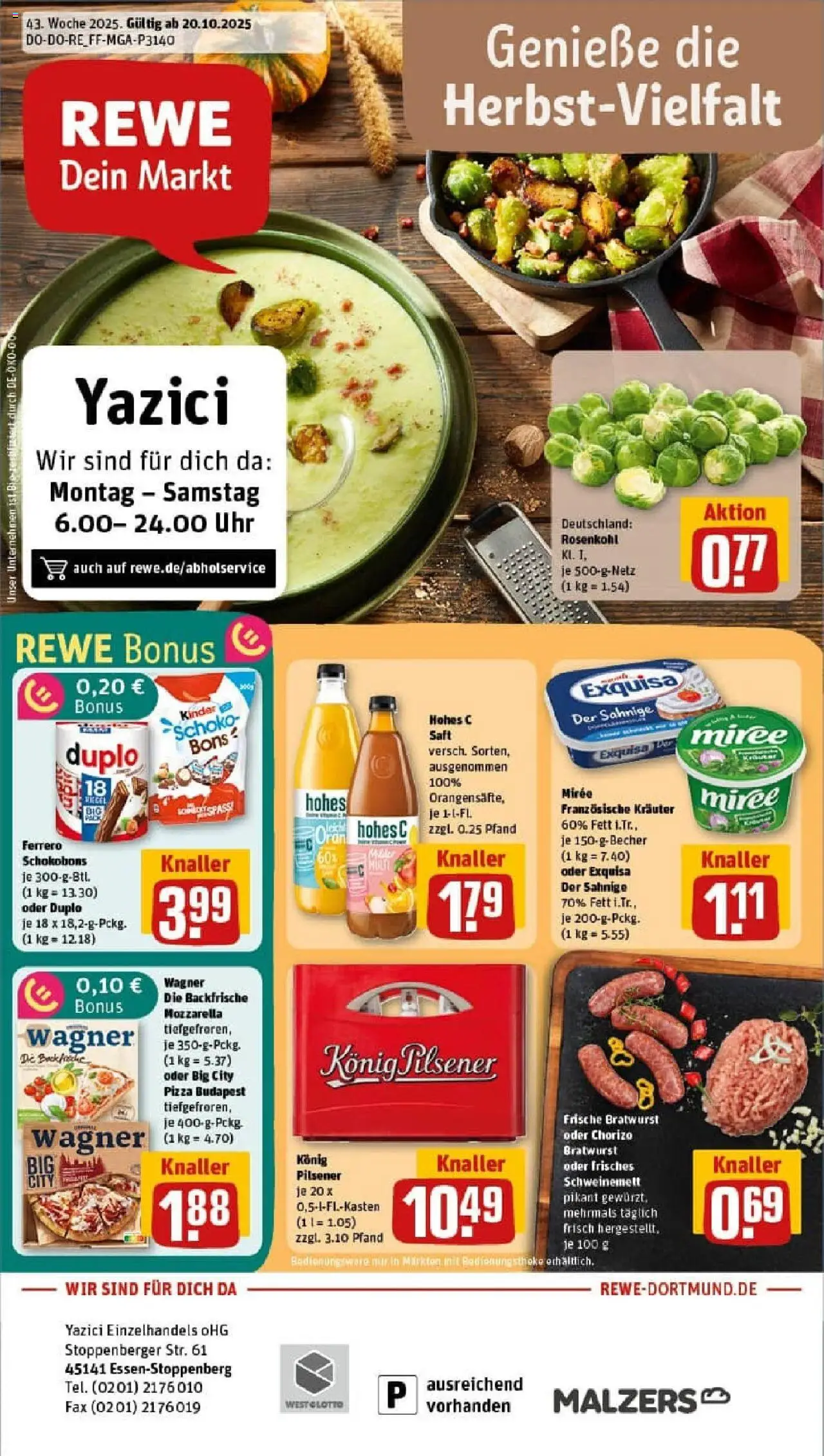 Rewe prospekt Essen	 – gültig ab 19.10.2025 | Seite: 1 | Produkte: Konig pilsener, Mozzarella, Hohes c, Pizza