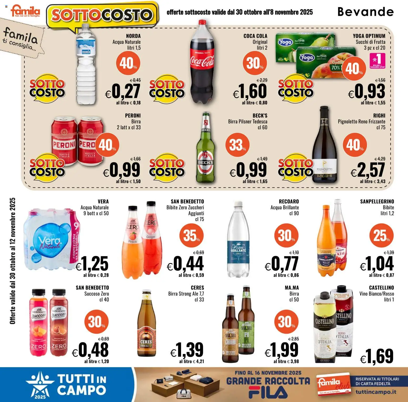 Volantino Famila del 30.10.2025 | Pagina: 8 | Prodotti: Acqua, Pesca, Ceres, Coca Cola