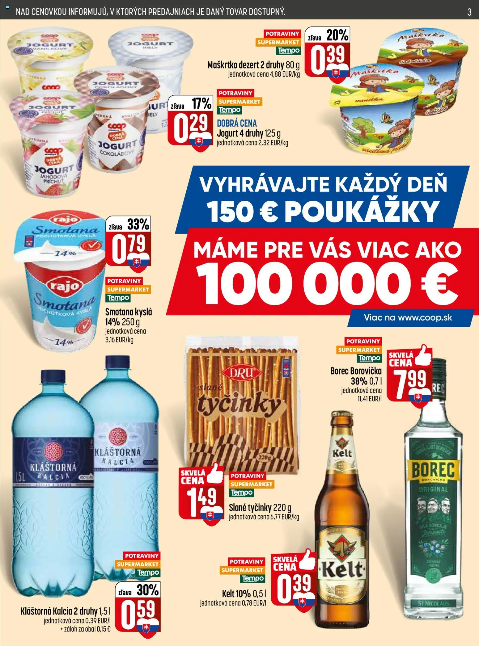 Nové COOP Jednota akcie – leták je platný od 09.04.2026 | Strana: 3 | Produkty: Jogurt, Smotana, Borovička, Kelt