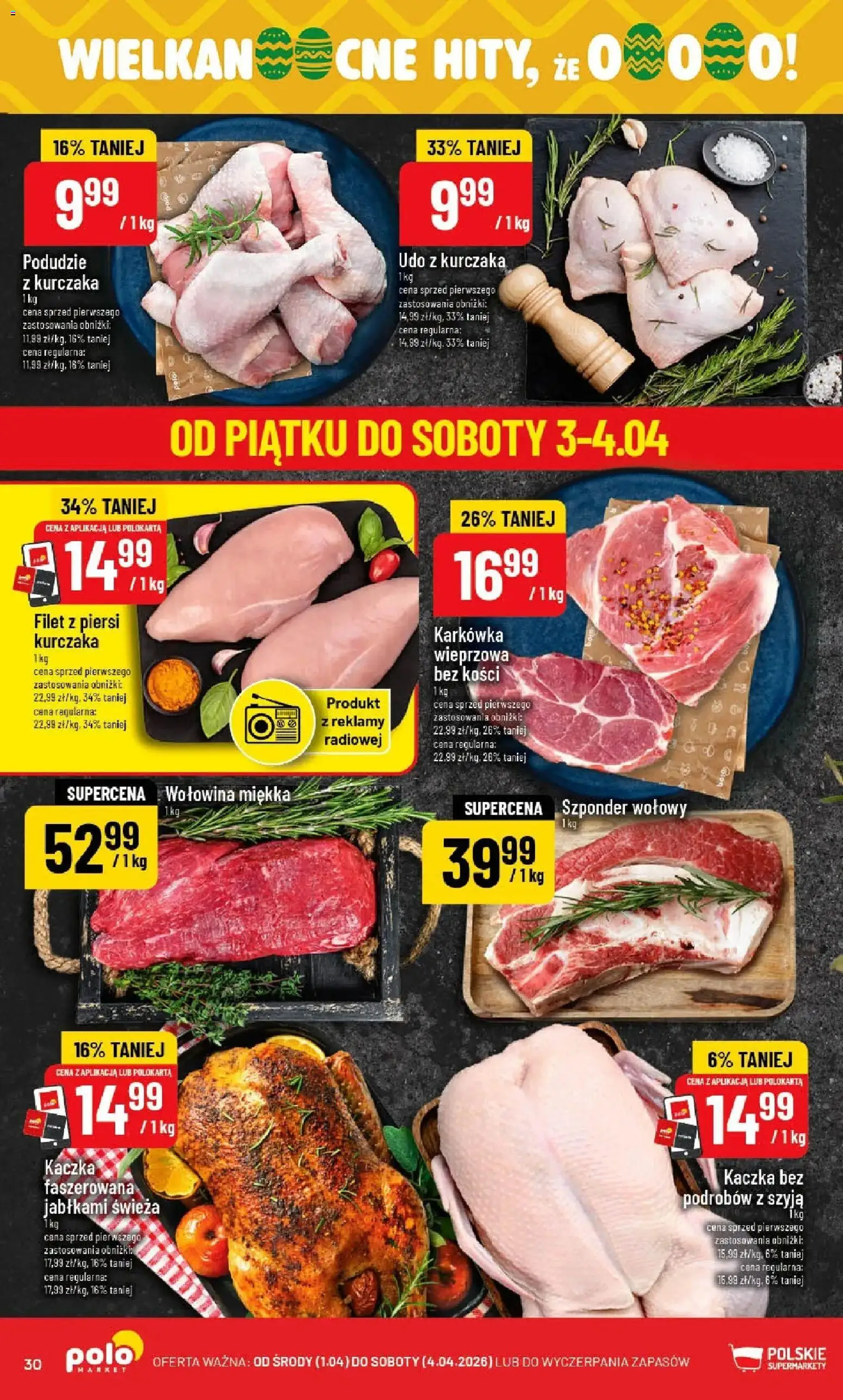 POLOmarket gazetka od 01.04.2026 | Strona: 30 | Produkty: Karkówka, Piersi, Kaczka, Wołowina