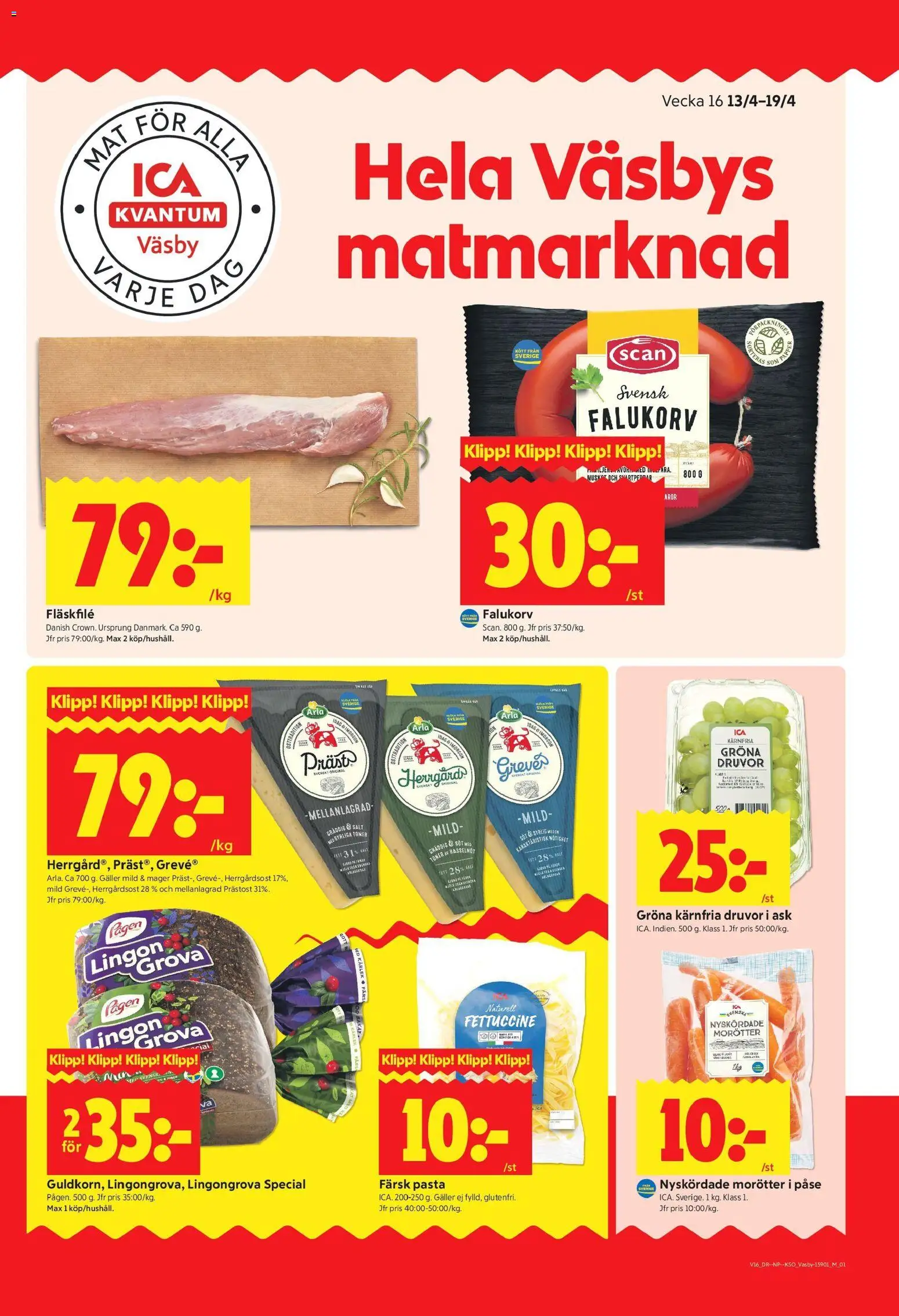 ICA Kvantum reklamblad aktuell från 13.04.2026 | Sida: 1 | Produkter: Salt, Galler, Falukorv, Pasta